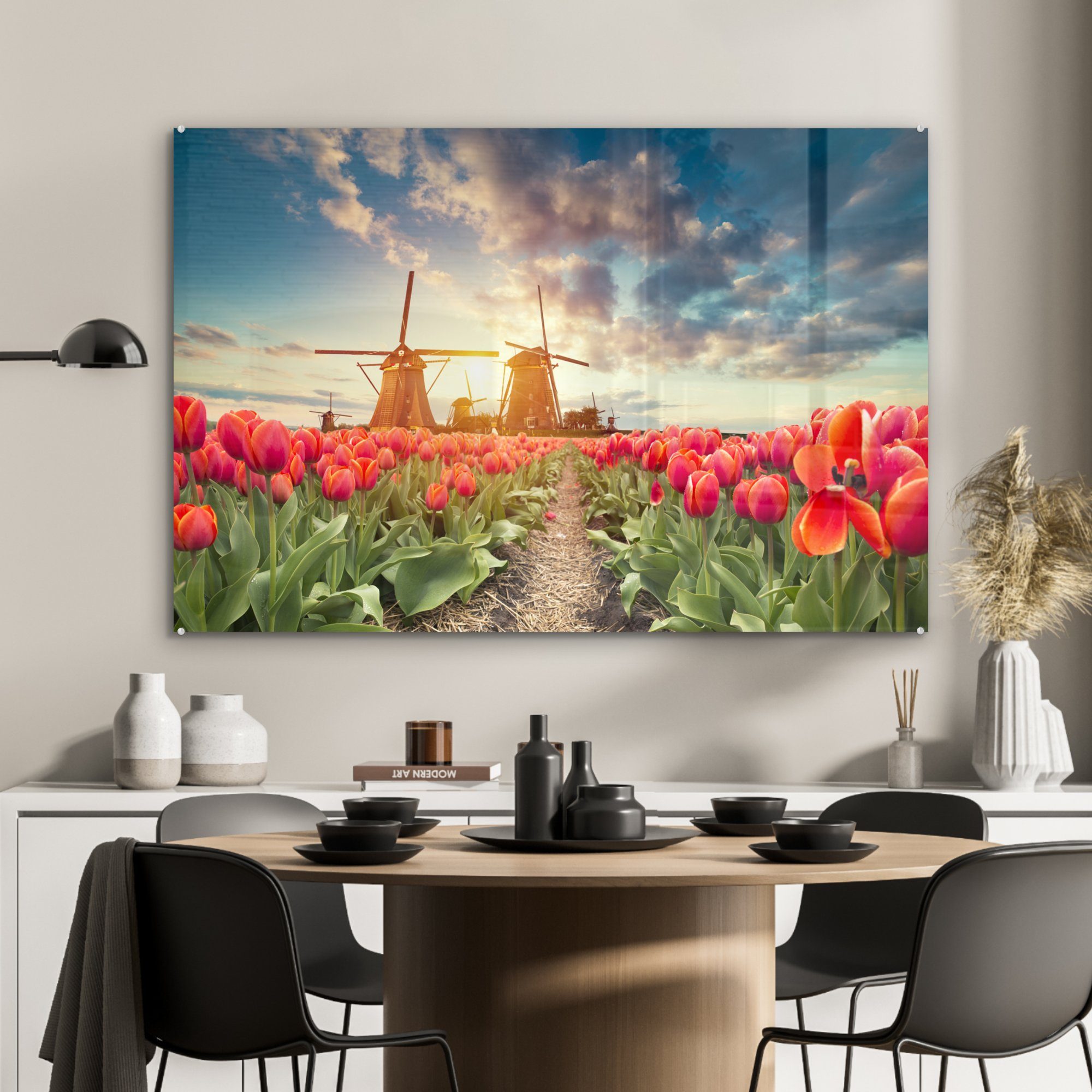 Wohnzimmer MuchoWow Windmühle Acrylglasbild Sonne, Blumen (1 - St), - Acrylglasbilder Schlafzimmer &