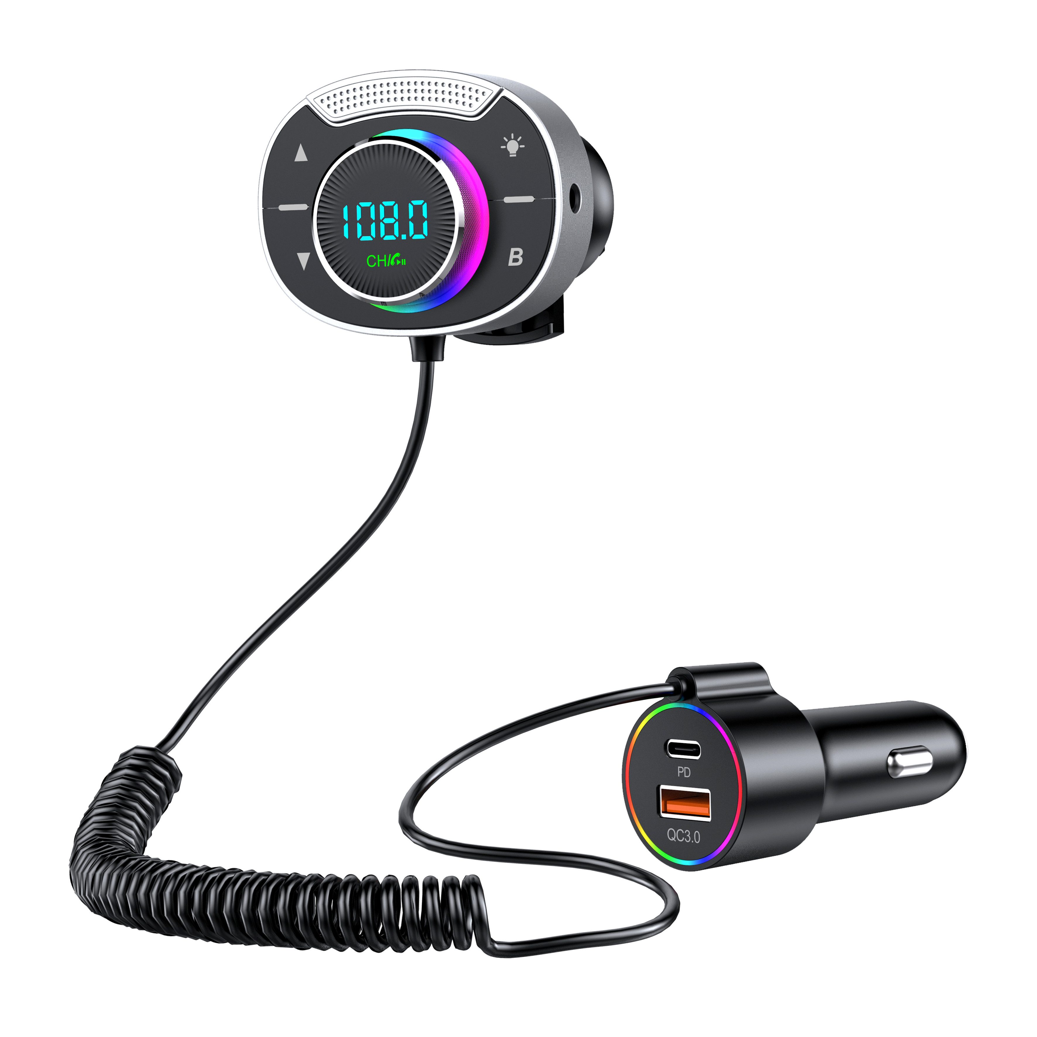 Fyrove Bluetooth 5.3, PD 30W+QC3.0 Schnellladegerät & Freisprecheinrichtung KFZ-Transmitter FM Transmiter,Starkeres Dual Mic & Bass-Boost,KFZ Bluetooth Freisprechen Mit 8-Farbiger Hintergrundbeleuchtung, Musik-PlayerU-Disk, Übergroßes Mikro, Aux Ausgang & TF Karte,Freisprecheinrichtung