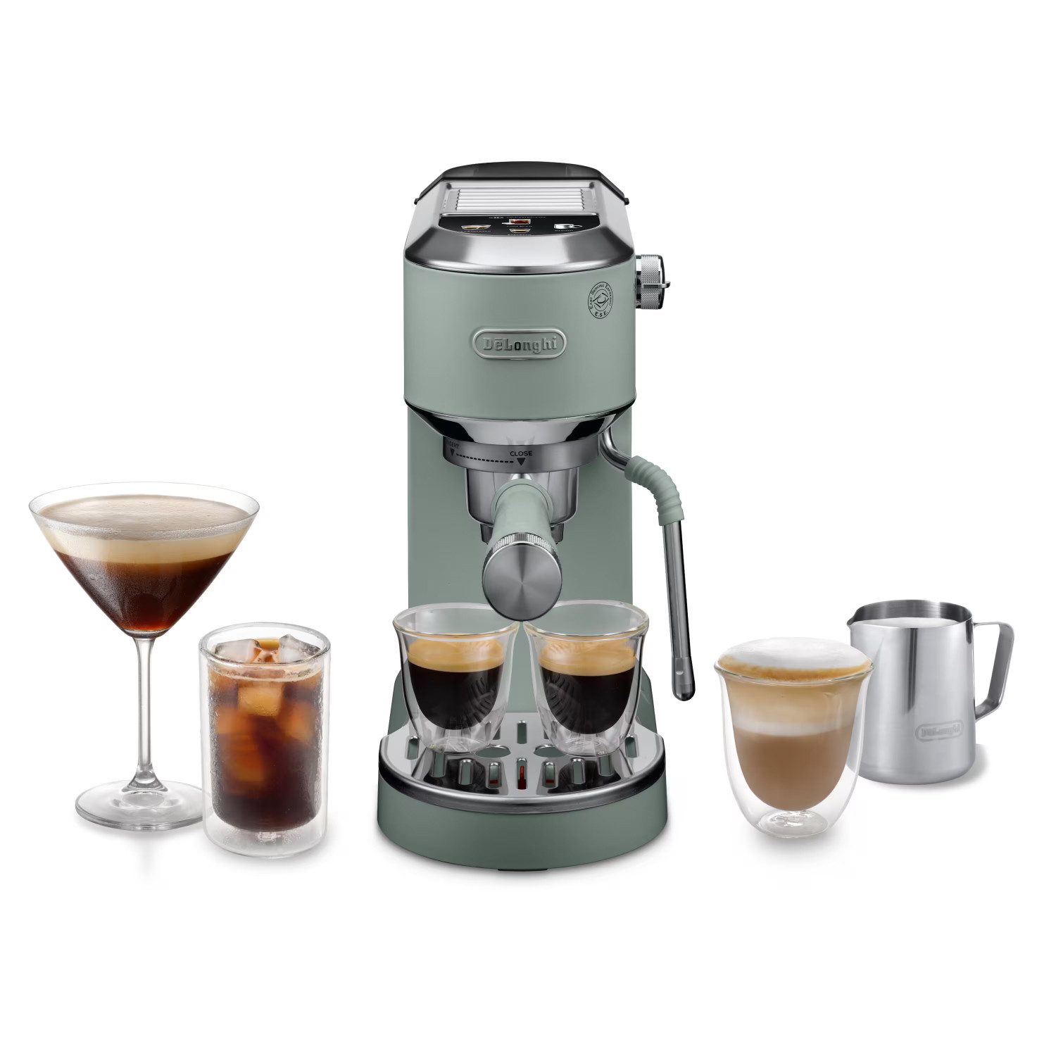 De'Longhi Espressomaschine Dedica Duo EC890.GR - Espresso & Cold Brew, 15 Bar, Touch-Buttons, Cold Brew in unter 5 Minuten, 15 cm breit, 1,1L, inkl. Milchschaumdüse