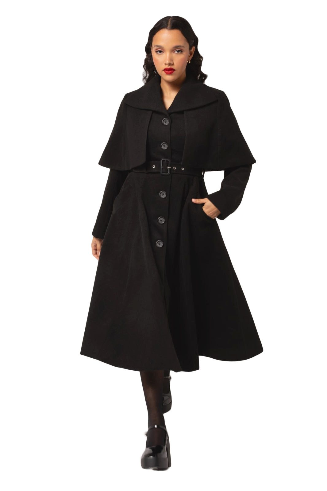 Hell Bunny Langmantel Ingrid Coat Übergangsmantel mit Cape Umhang Vintage Retro Gürtel