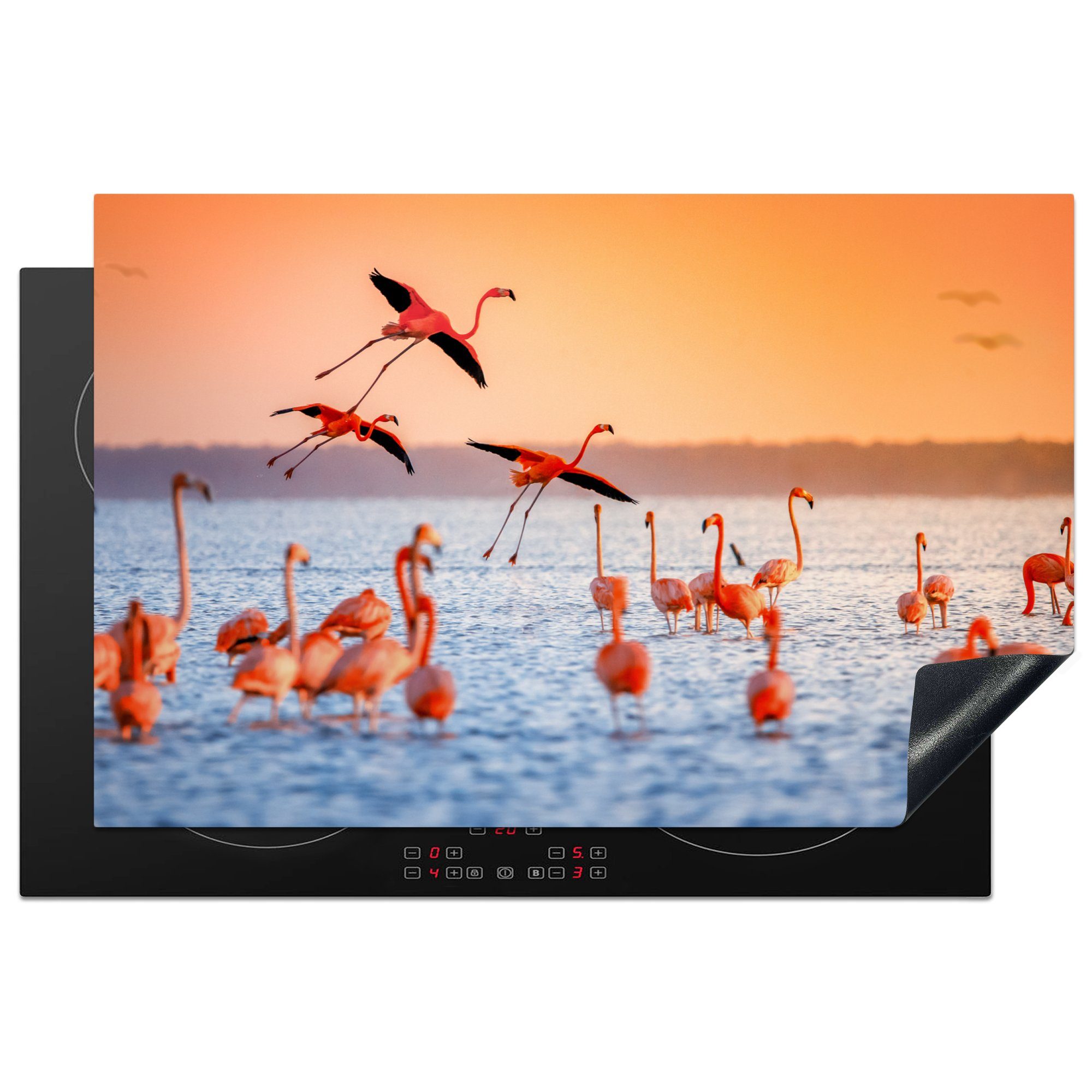 MuchoWow Herdblende-/Abdeckplatte Vogel - tlg), für 81x52 - - Flamingo Ceranfeldabdeckung, - küche Rosa, (1 cm, Vinyl, Arbeitsplatte Wasser Sonnenuntergang