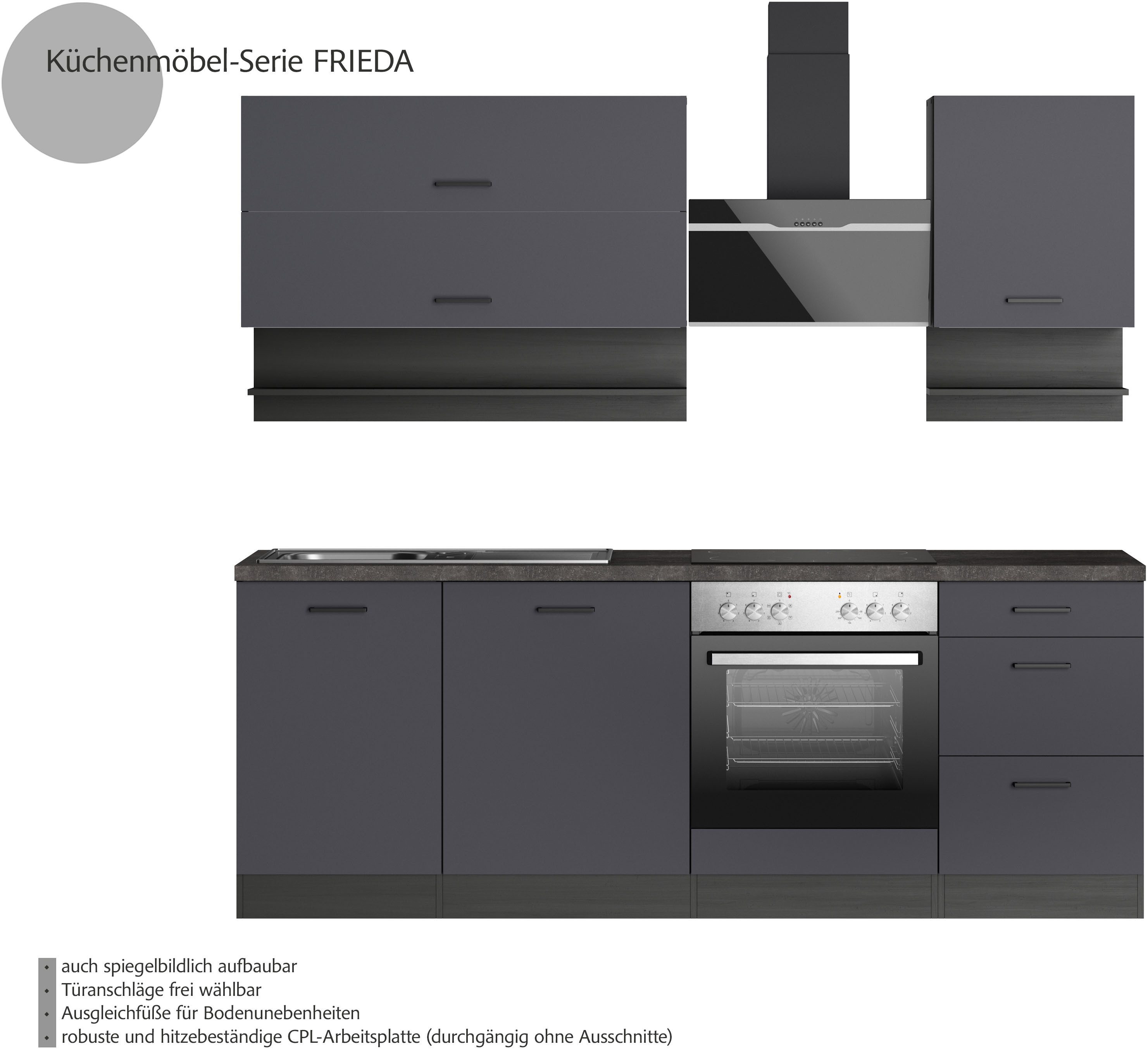 KOCHSTATION Küchenzeile KS-Frieda Breite 220 cm, wahlweise mit E-Geräten, mit 38mm starker Arbeitsplatte