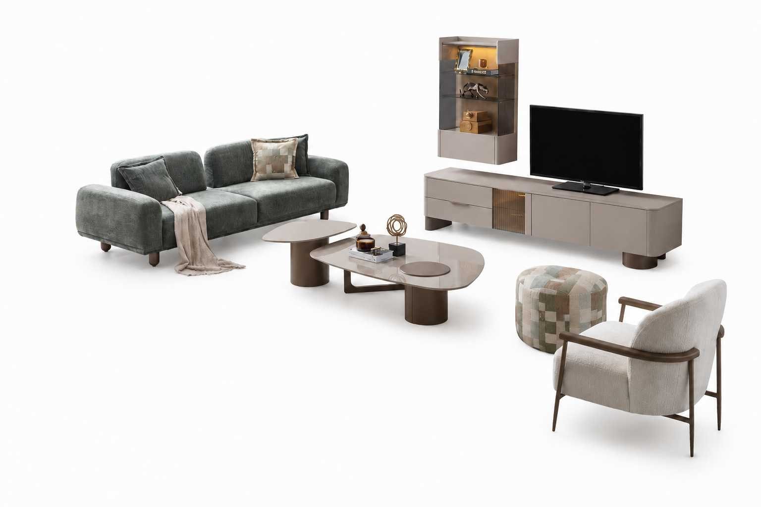JVmoebel Polstergarnitur Sofa Set 3+1 Sitzer Wohnzimmer mit TV-Lowboard und Wandregal, (6-tlg), Made in Europa