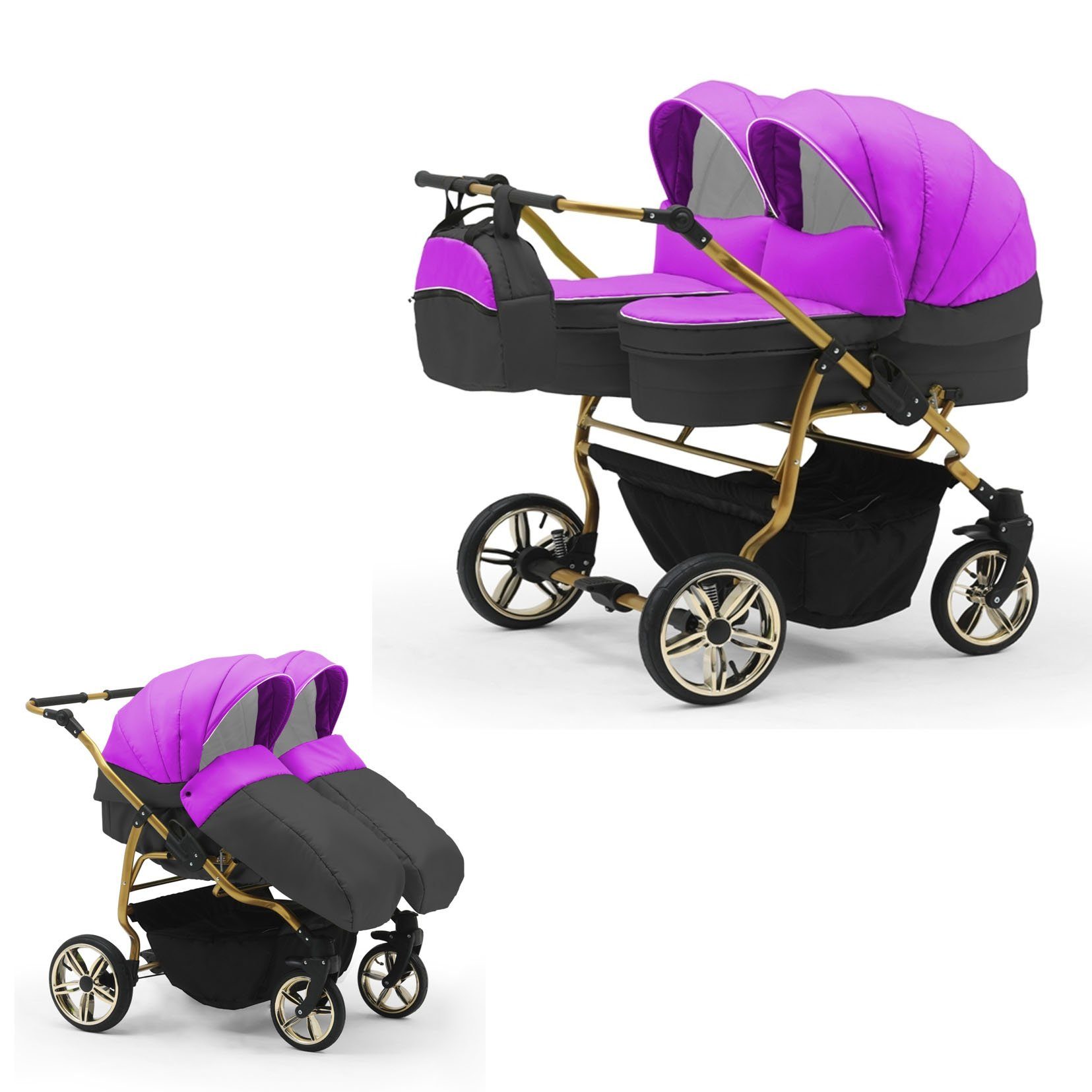 babies-on-wheels Zwillingswagen Zwillingskinderwagen 2 Farben Lux 10 Teile 1 Duet - - 33 Lila-Schwarz in in