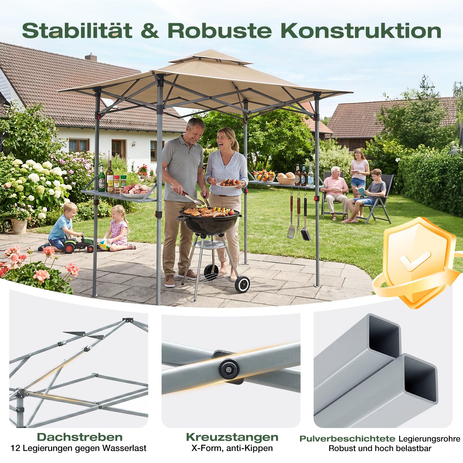 Sekey Grillpavillon Faltbar Pavillon 250 x 150 cm Grillpavillon winterfest und wasserdicht, Partyzelt Grillpavillon, BBQ Pavillon, Ablage mit Haken – Bild 4 von 5
