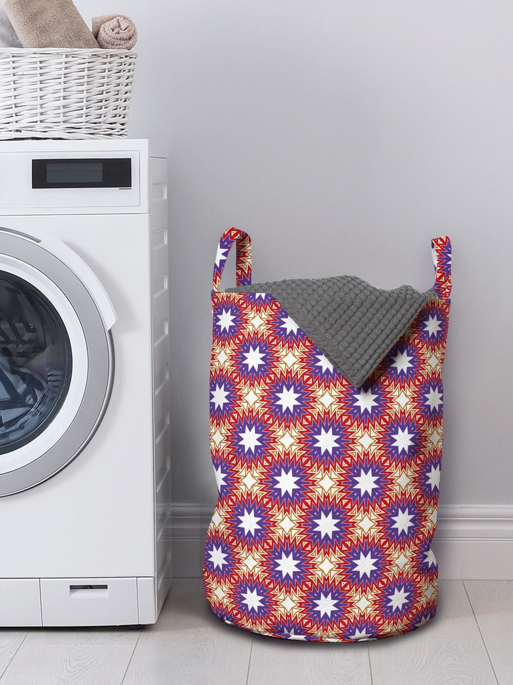 Wäschesäckchen Geometrisch Wäschekorb Zick-Zack-Linien Stars Kordelzugverschluss mit Waschsalons, für Griffen Abakuhaus mit