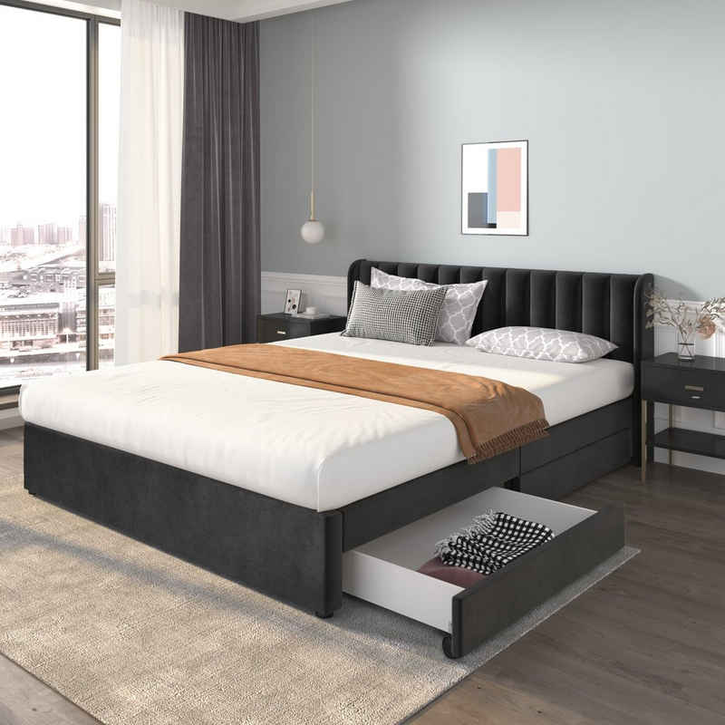 REDOM Polsterbett Doppelbett Stauraumbett Bett mit Lattenrost ohne Matratze (180 x 200 cm), Schlichter und stilvoller Samt-Look