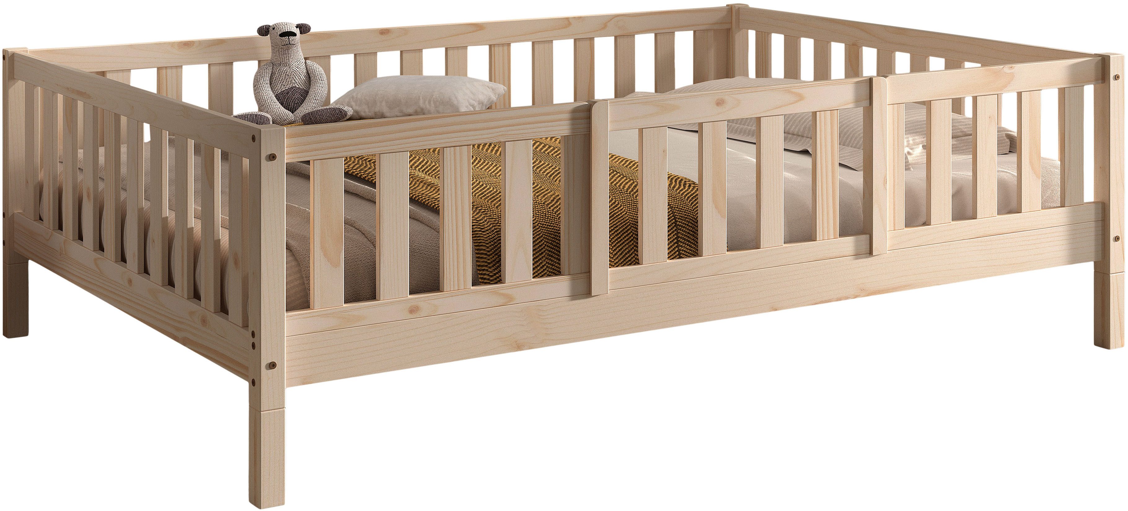 Vipack Daybett Dallas Massiv Bett mit Rausfallschutz umbaubar vom Boden- zum Daybett, mit Bettschublade, wahlweise Kiefer massiv natur oder weiß
