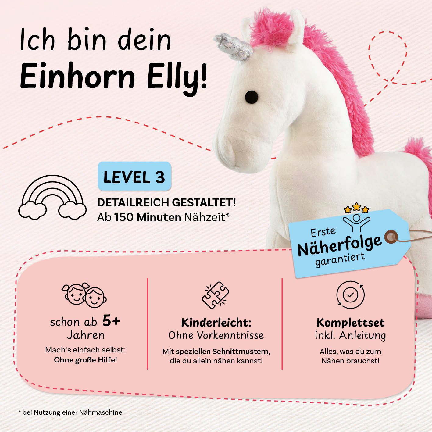 cuci cuci Kreativset Näh-Baukasten für Kinder - erste Näherfolge garantiert, (Einhorn Elly), Komplettset mit allem, was du zum Nähen brauchst