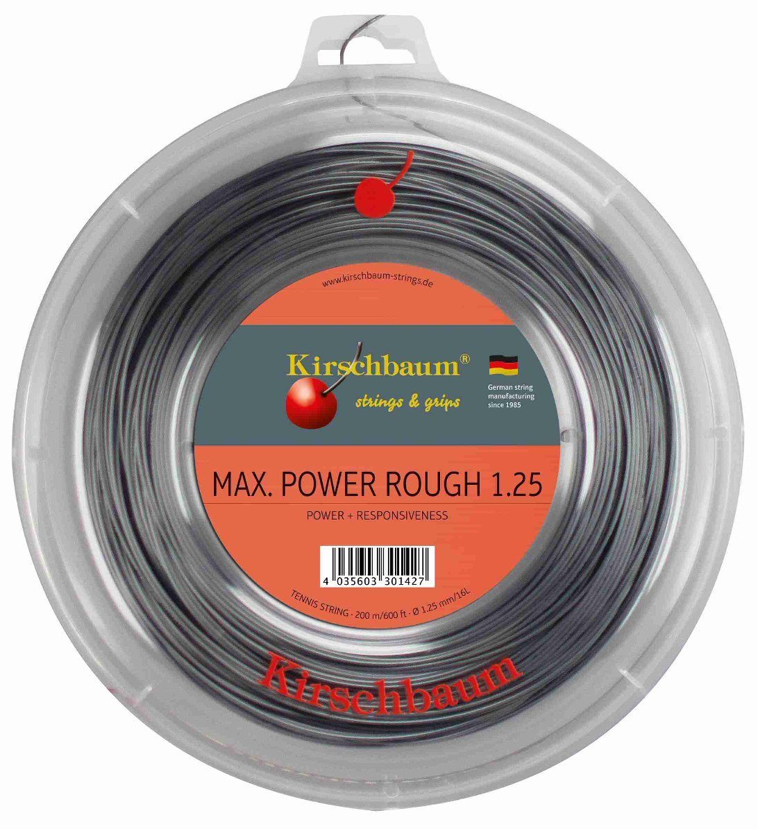 Kirschbaum Tennissaite Max Power Rough (Haltbarkeit+Spin) silber 200m Rolle, Saitendicke: 1.30