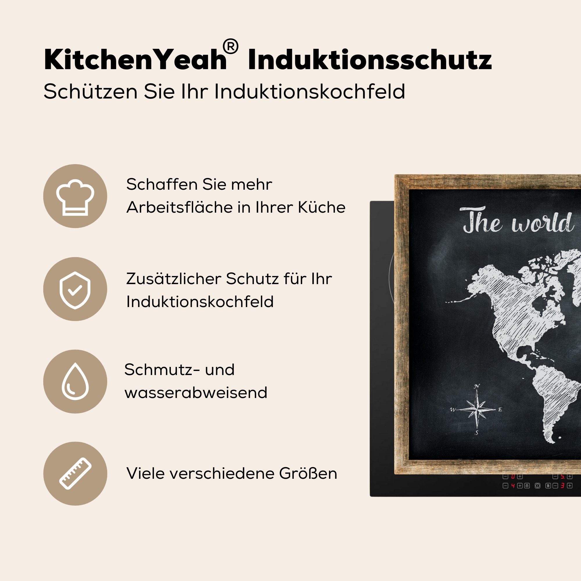 81x52 cm, die Kreidetafel, Ceranfeldabdeckung - tlg), Induktionskochfeld - Vinyl, (1 für MuchoWow Herdblende-/Abdeckplatte Schutz küche, Weiß Weltkarte