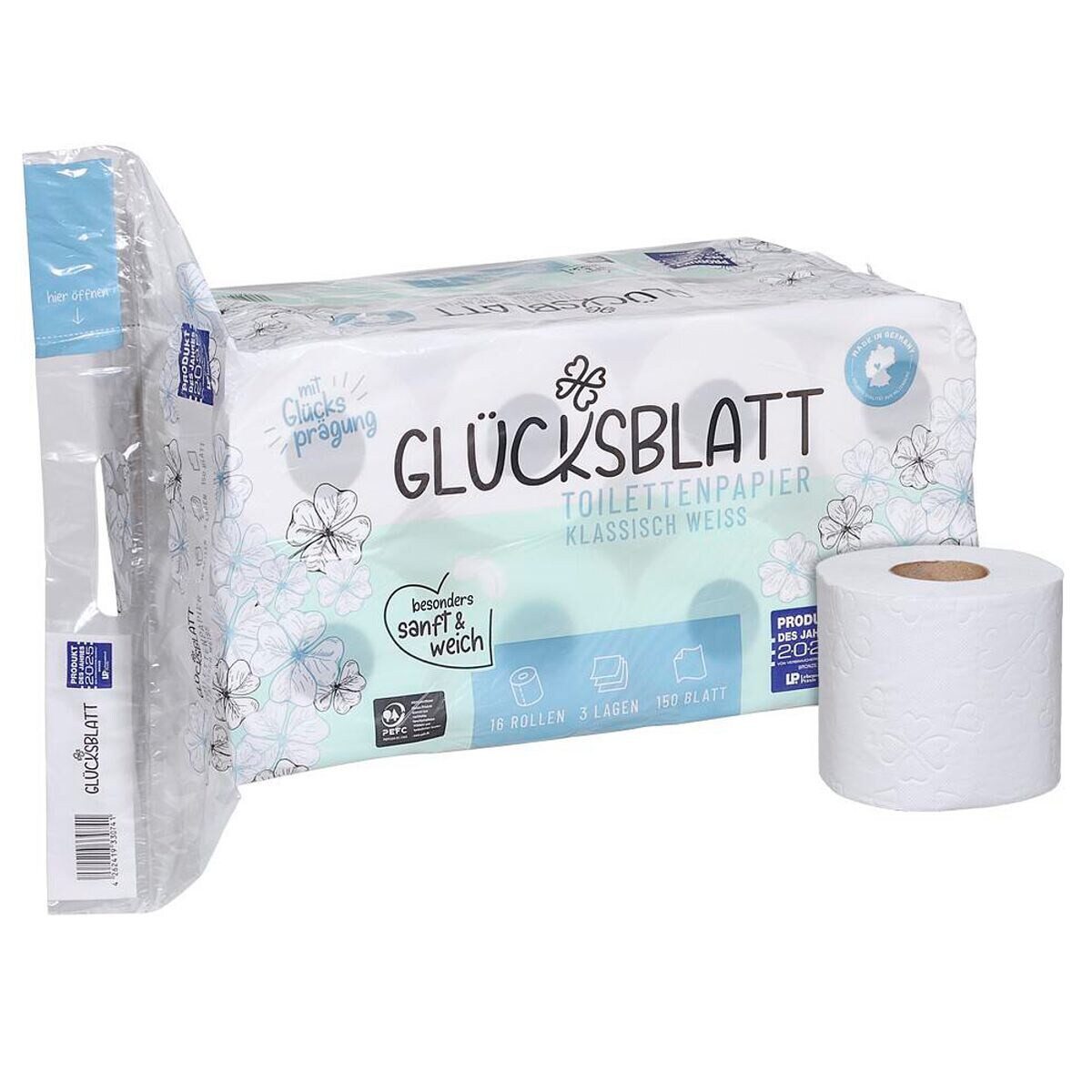 Glücksblatt Toilettenpapier Klassisch Weiß Tissue, 3-lagig, 16 Rollen, 150 Blatt/Rolle, mit Prägung