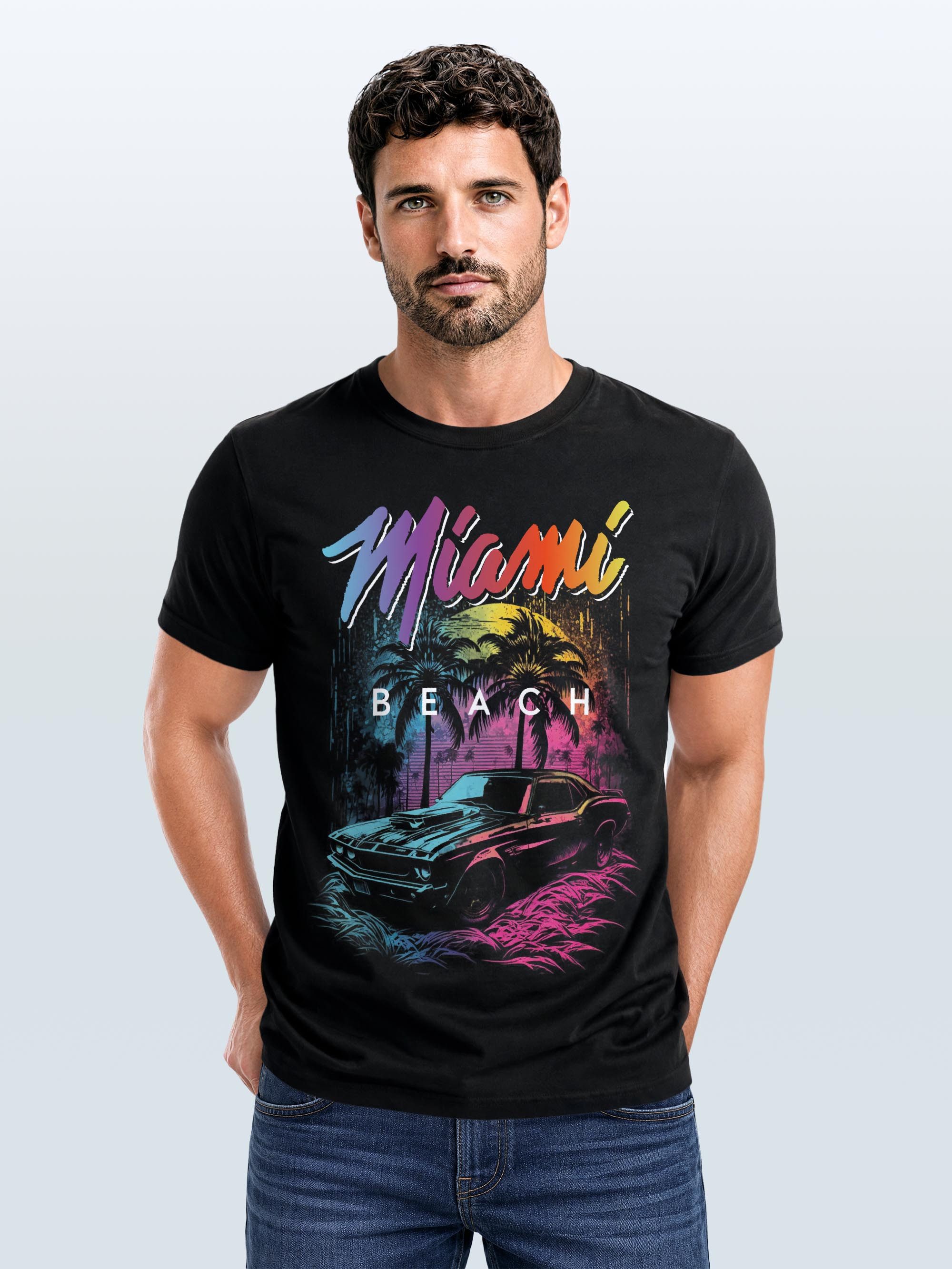 Neverless Print-Shirt Herren T-Shirt Miami Beach USA Oldtimer Car Palmen Print Fashion mit Print