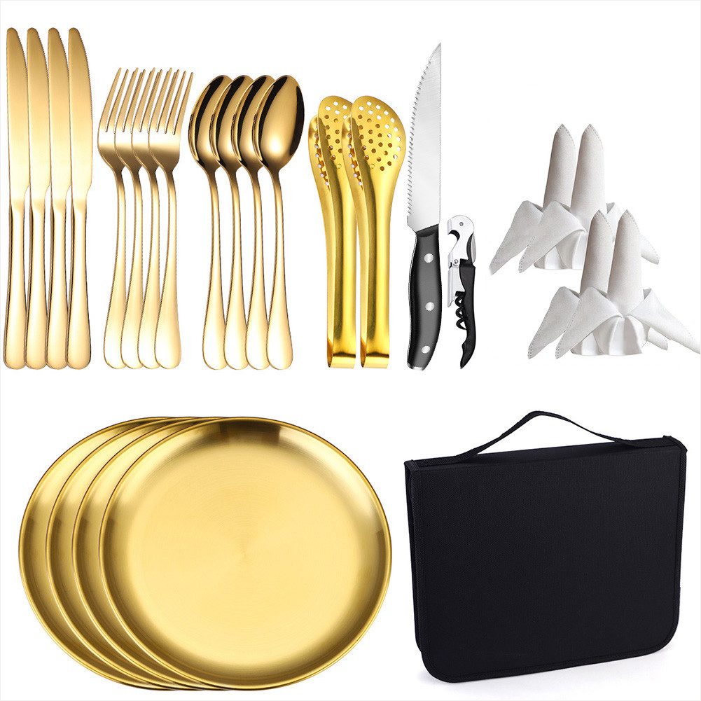 KingLux Besteck-Set 24-Teiliges Camping Picknick Besteck Edelstahl Outdoor Reisebesteck (24-tlg), 4 Personen, Edelstahl