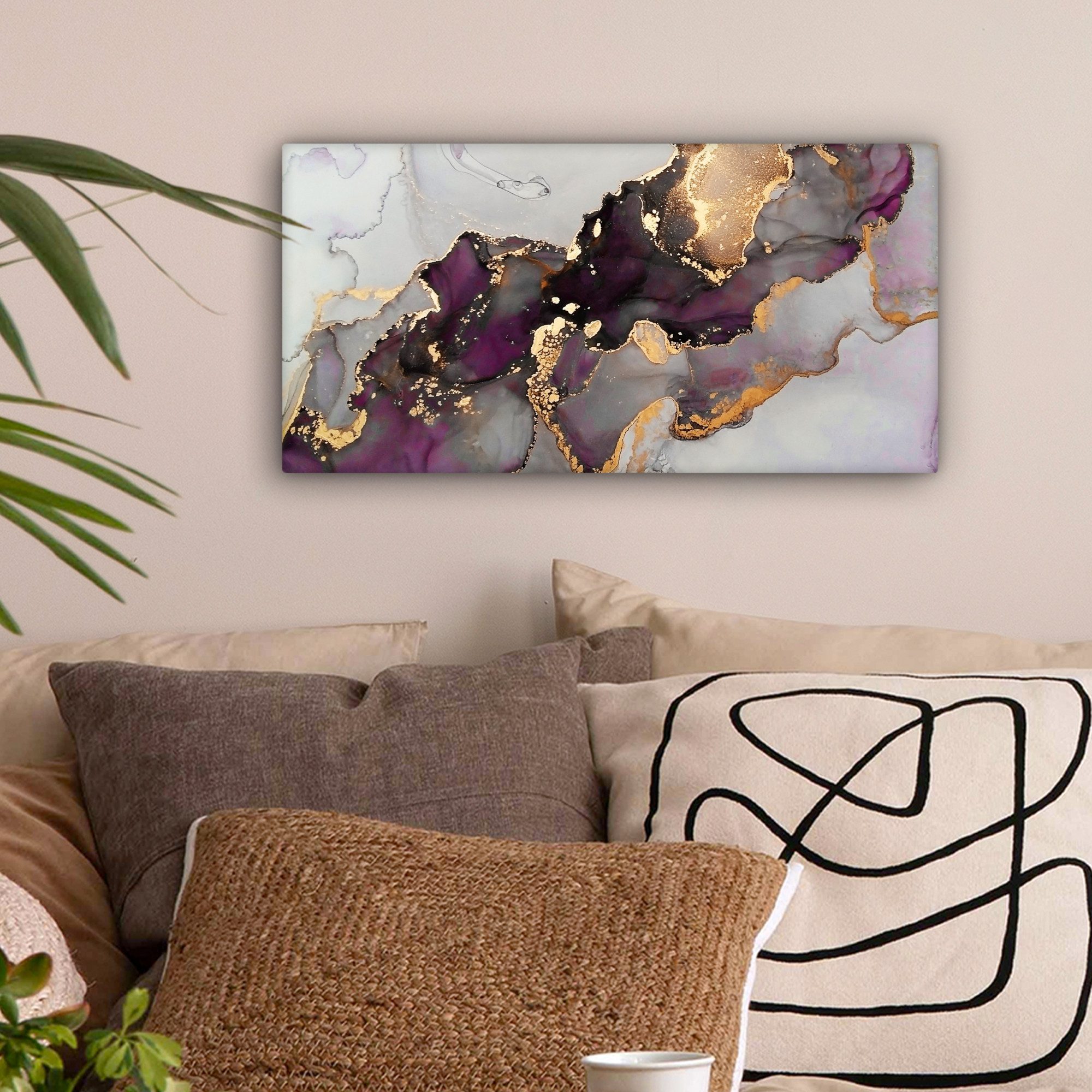 OneMillionCanvasses® Leinwandbild Panorama Marmor - Abstrakt - Gold - Lila, Fotodruck (1 St), Wandbild, Deko Schlafzimmer Wohnzimmer Flur 40x20 cm