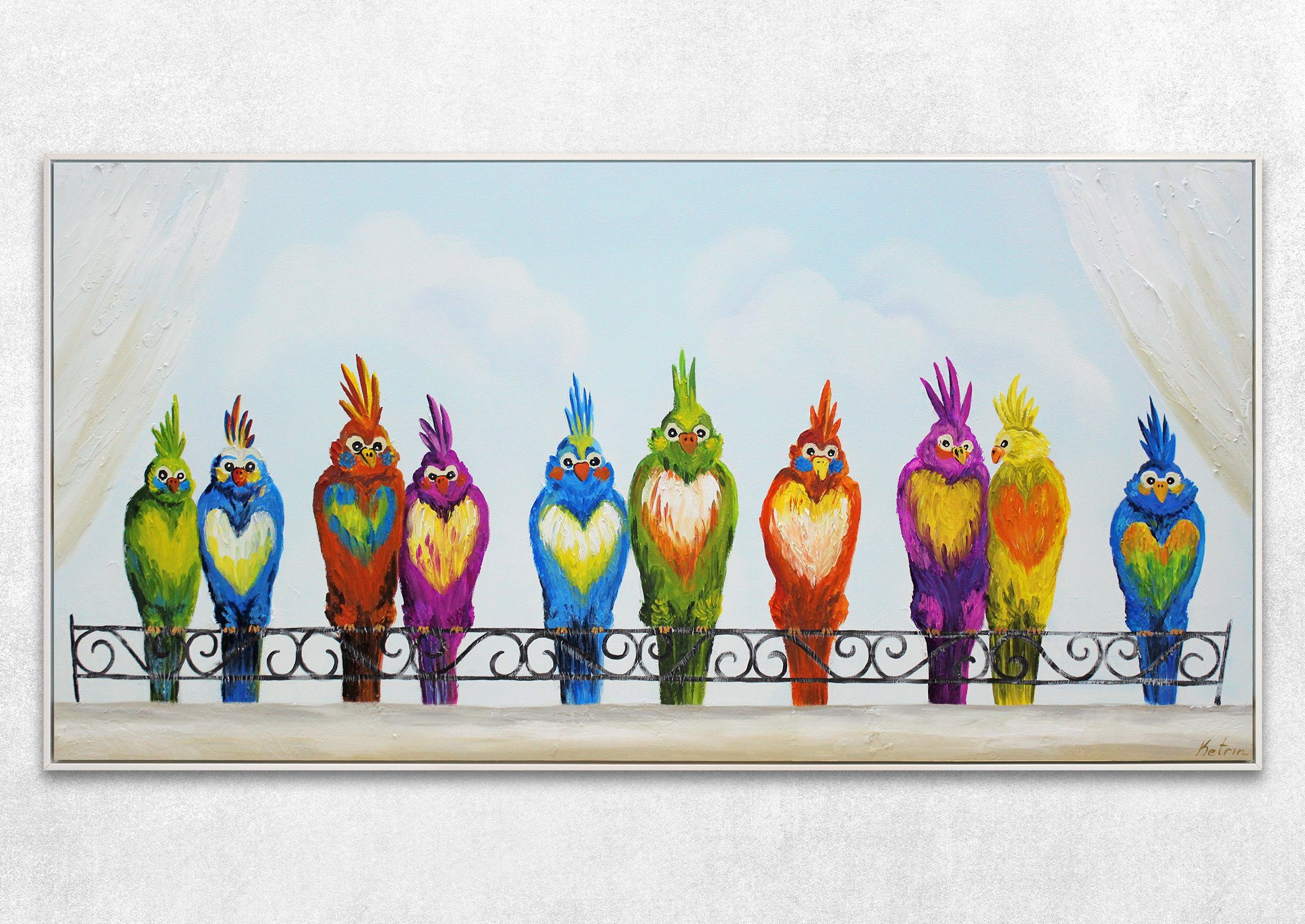 YS-Art Gemälde Lustige Vögel, Tiere, Papagei auf Leinwand Bild Handgemalt Bunte Lustige Vögel