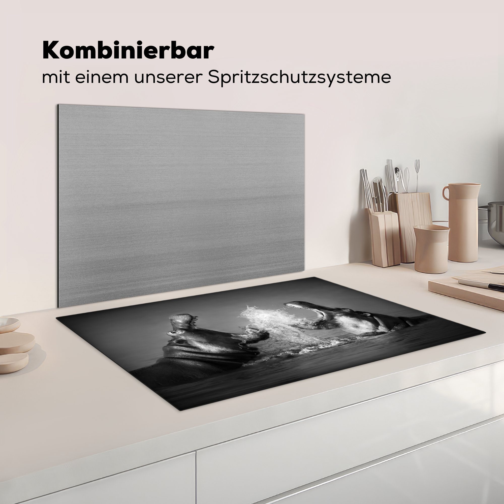 Arbeitsplatte (1 Herdblende-/Abdeckplatte tlg), für Vinyl, - Tiere - Schwarz cm, Ceranfeldabdeckung, Nilpferd 81x52 küche Weiß, MuchoWow Wasser - -