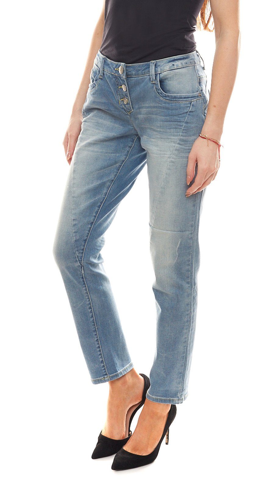 Aniston by BAUR Regular-fit-Jeans »Aniston Denim-Hose schicke Damen Jeans  mit sichtbaren Button-Fly Kurzgrößen Five-Pocket-Jeans Blau« online kaufen  | OTTO
