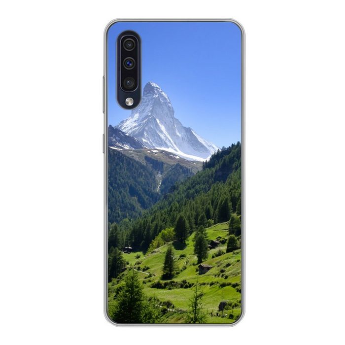 MuchoWow Handyhülle Schweizer Alpen im Matterhorn mit grünen Bäumen Handyhülle Samsung Galaxy A30s Smartphone-Bumper Print Handy