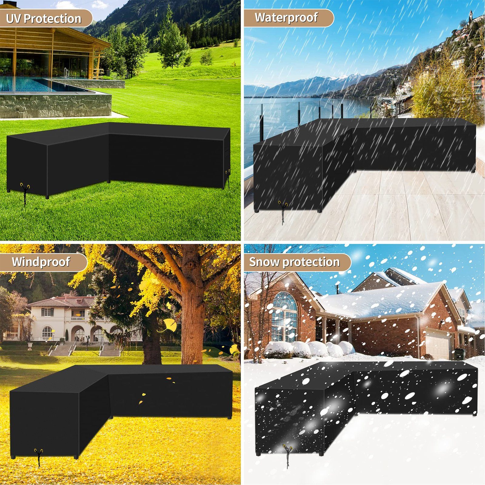 für Oxford Winddicht, Sunicol Gartenmöbel, Wasserdicht, Anti-UV, Staubdicht, Schwarz Möbelsets, Tisch Sofa Abdeckung Outdoor für L-Form, Gewebe, Gartenmöbel-Schutzhülle