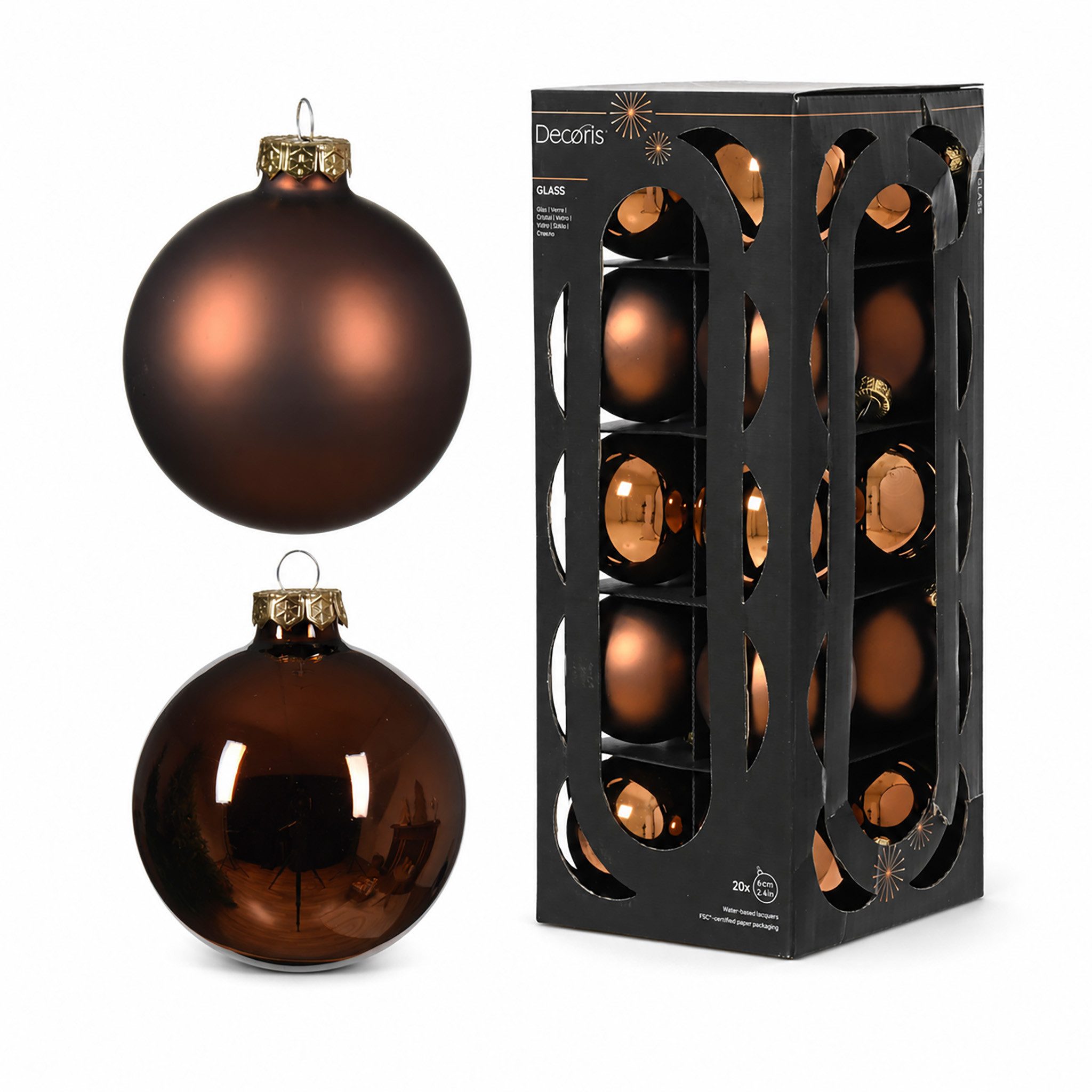 Kaemingk Weihnachtsbaumkugel, Weihnachtskugeln Glas 6cm 20 Stück - Espressobraun