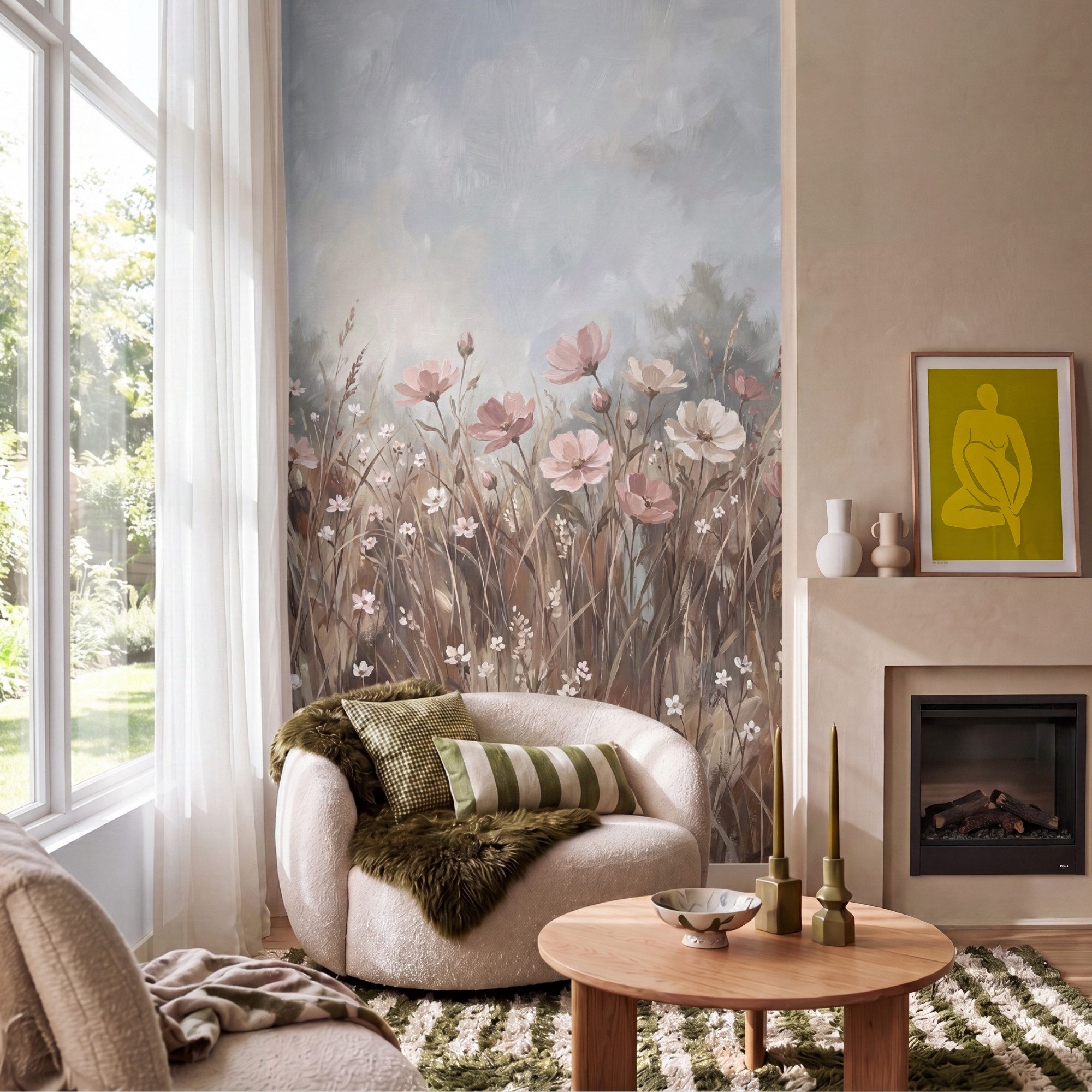 OnlyWow Fototapete Blumen - Botanisch - Malerei - Pastell - Rustikal, Matt, bedruckt, Modern, Wanddekoration, Wohnzimmer, Wandtapete 120x200cm
