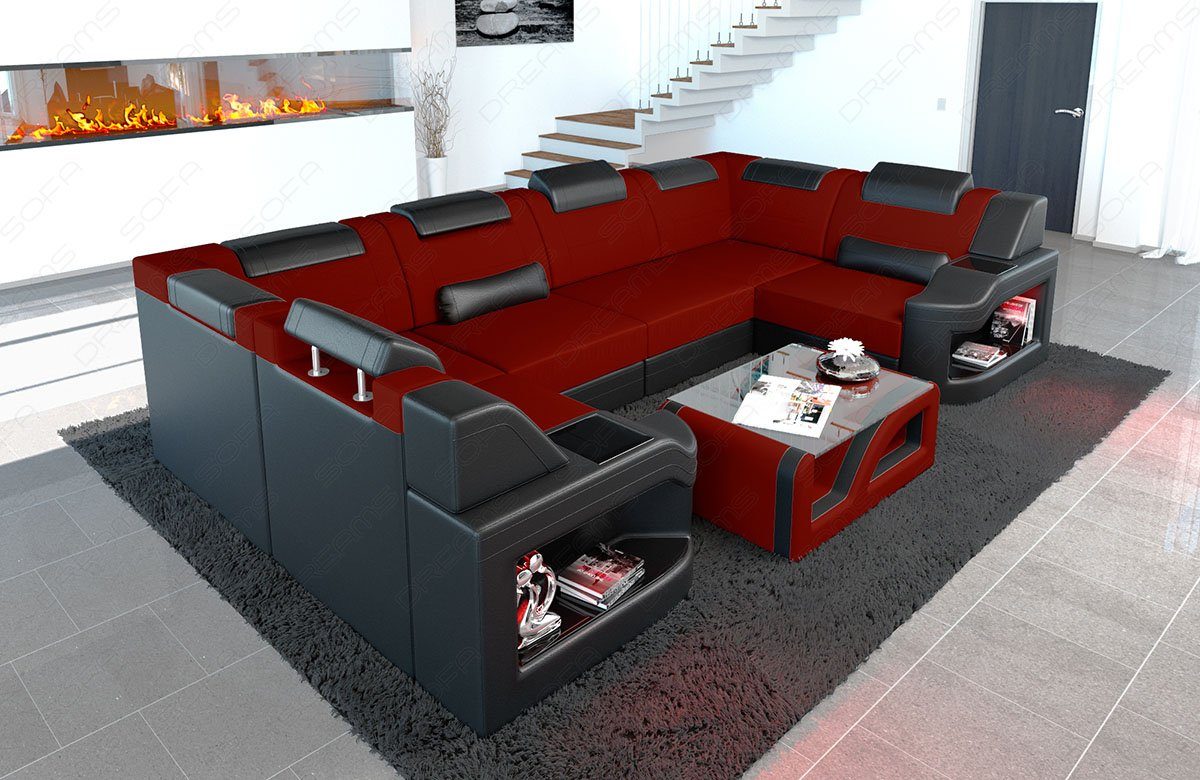 dunkelrot-schwarz mit Padua Stoff Sofa, U M wahlweise Mikrofaser Wohnlandschaft Dreams Bettfunktion Form Sofa Polster Design Couch Stoffsofa