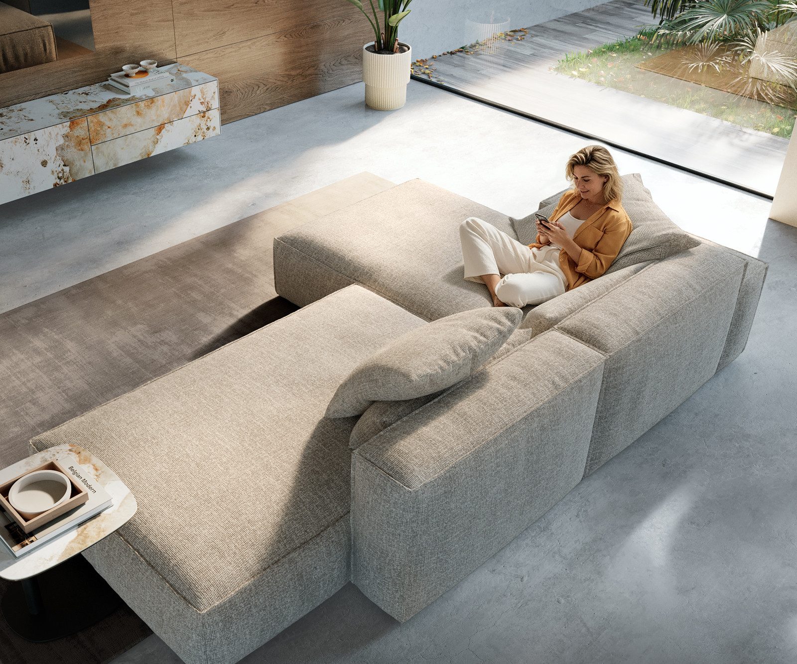 DELIFE Sofa Freestyle, Webstoff Soft Beige 310x200 cm Kedernaht, Couch