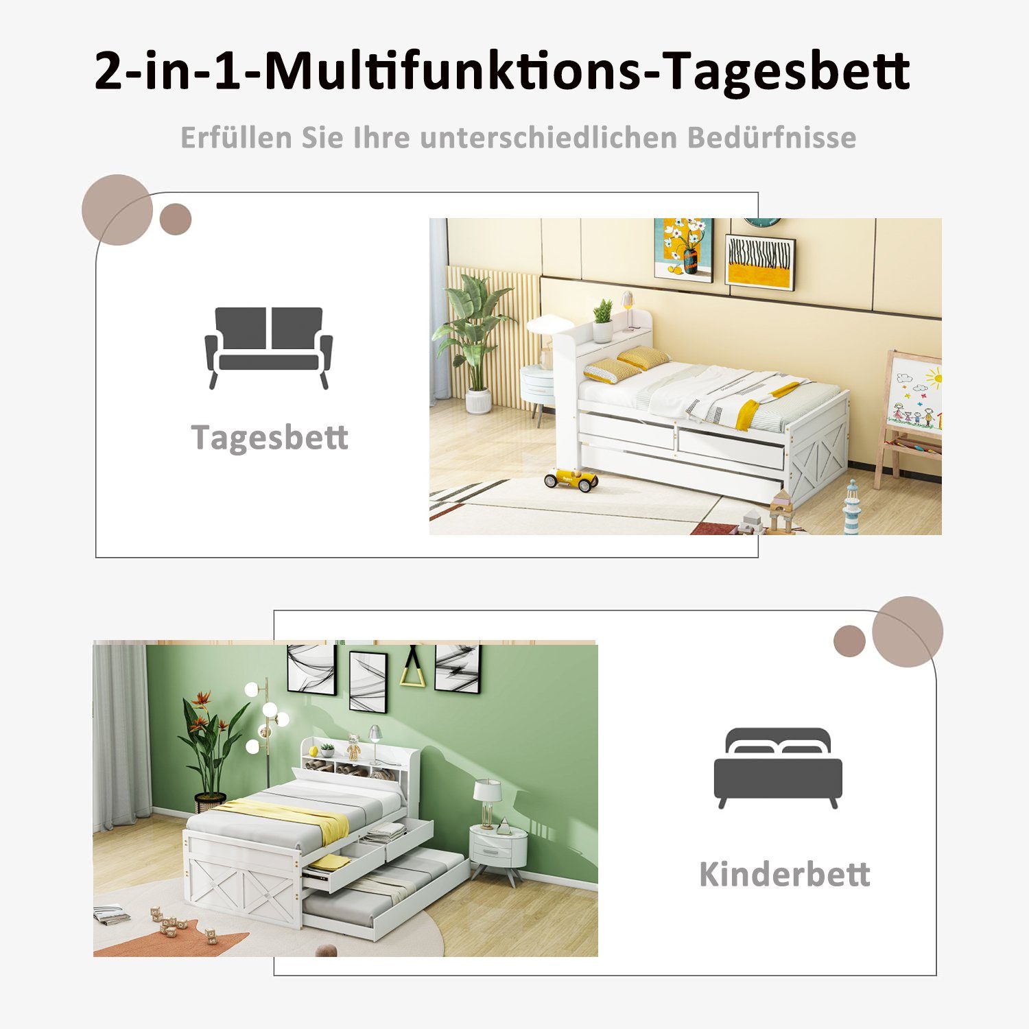 Massivholzbett (Stauraumbett, Kinderbett 90x190cm), mit 2 Schubladen, Stauraumfach, USB Ladefunktion und Ausziehbett
