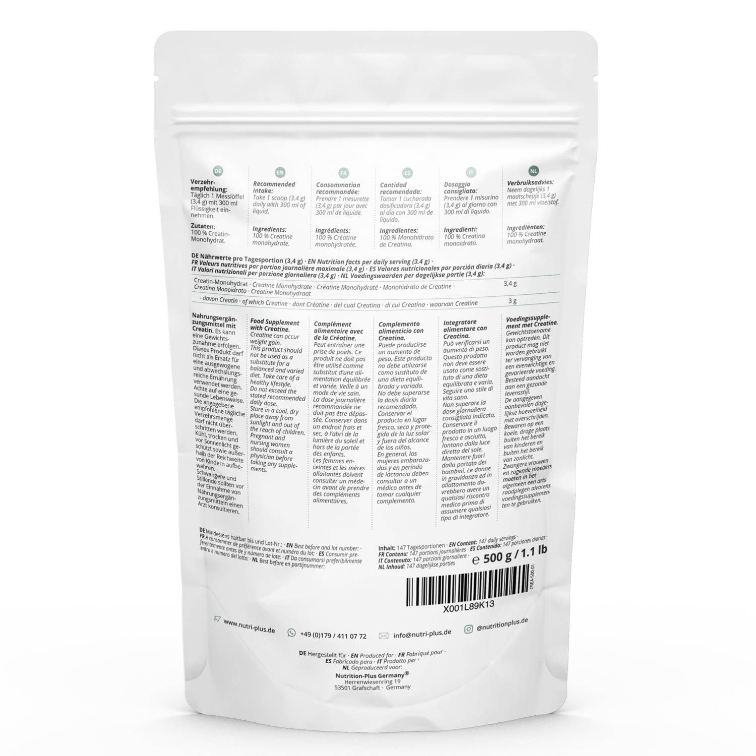 nutri+ Creatin Monohydrat Pulver + B12 - Kreatin Pulver