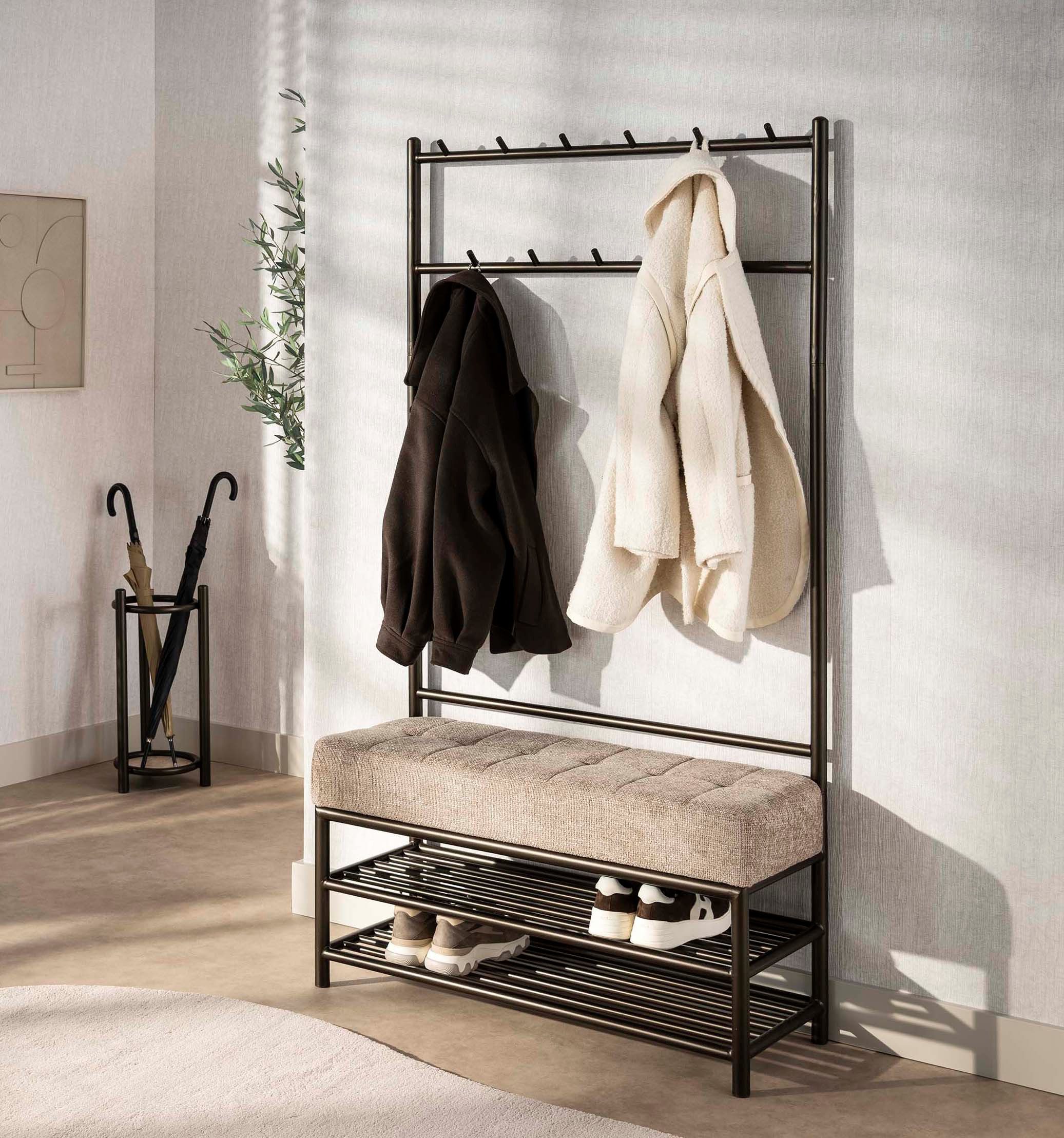 LEVEN Lifestyle Garderobenständer Standgarderobe SONO PUR aus Metall mit Sitzbank und Schuhablage, Metall in Bronze Optik - incl. Sitzkissen - Höhe 183 cm