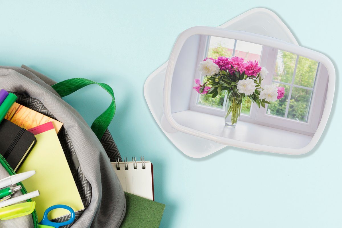 Brotbox Kinder Kunststoff, Jungs weiß für Lunchbox Vase, - - und Pfingstrosen für und Mädchen Brotdose, Blumen MuchoWow Erwachsene, (2-tlg),