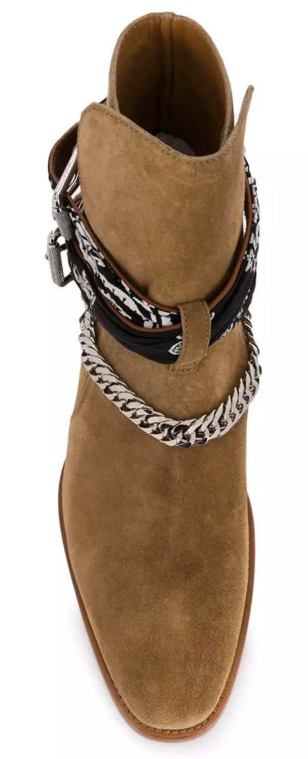 AMIRI Jodhpur Ketten Schuhe Bandana Suede Schuhe Bootsschuh Crossover-Bandana-Riemen, Silberfarbene Kette