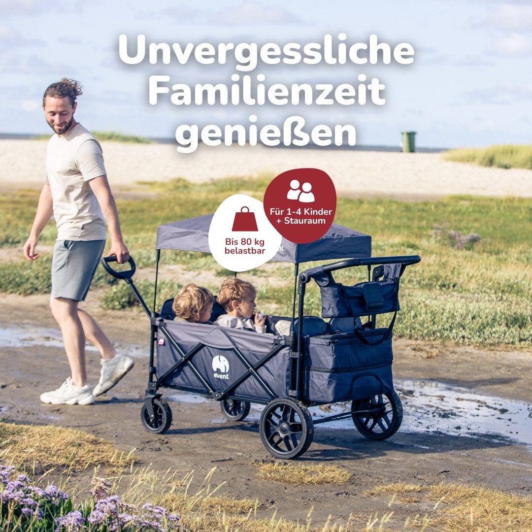 elvent Bollerwagen WagonPro Premium, Kompakt faltbar, Für 1-4 Kinder, Ideal für große Abenteuer