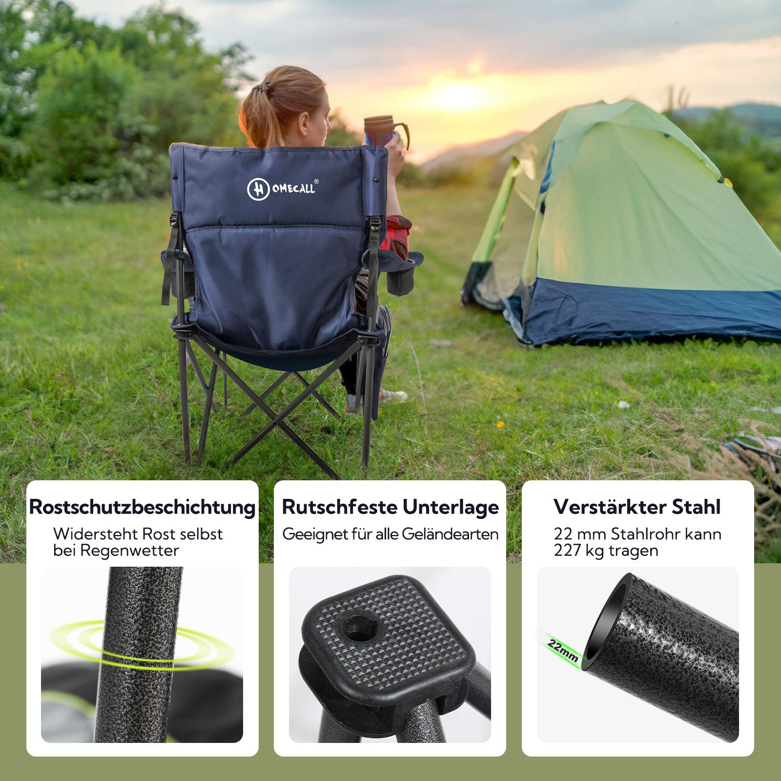 HOMECALL Campingstuhl Übergroßer Klappstuhl mit hoher Rückenlehne, XXL Faltstuhl Gepolstert (Bis 360KG Belastbar, 1 St), Robust und Zuverlässig klappstuhl für Outdoor, Balkon, Garten