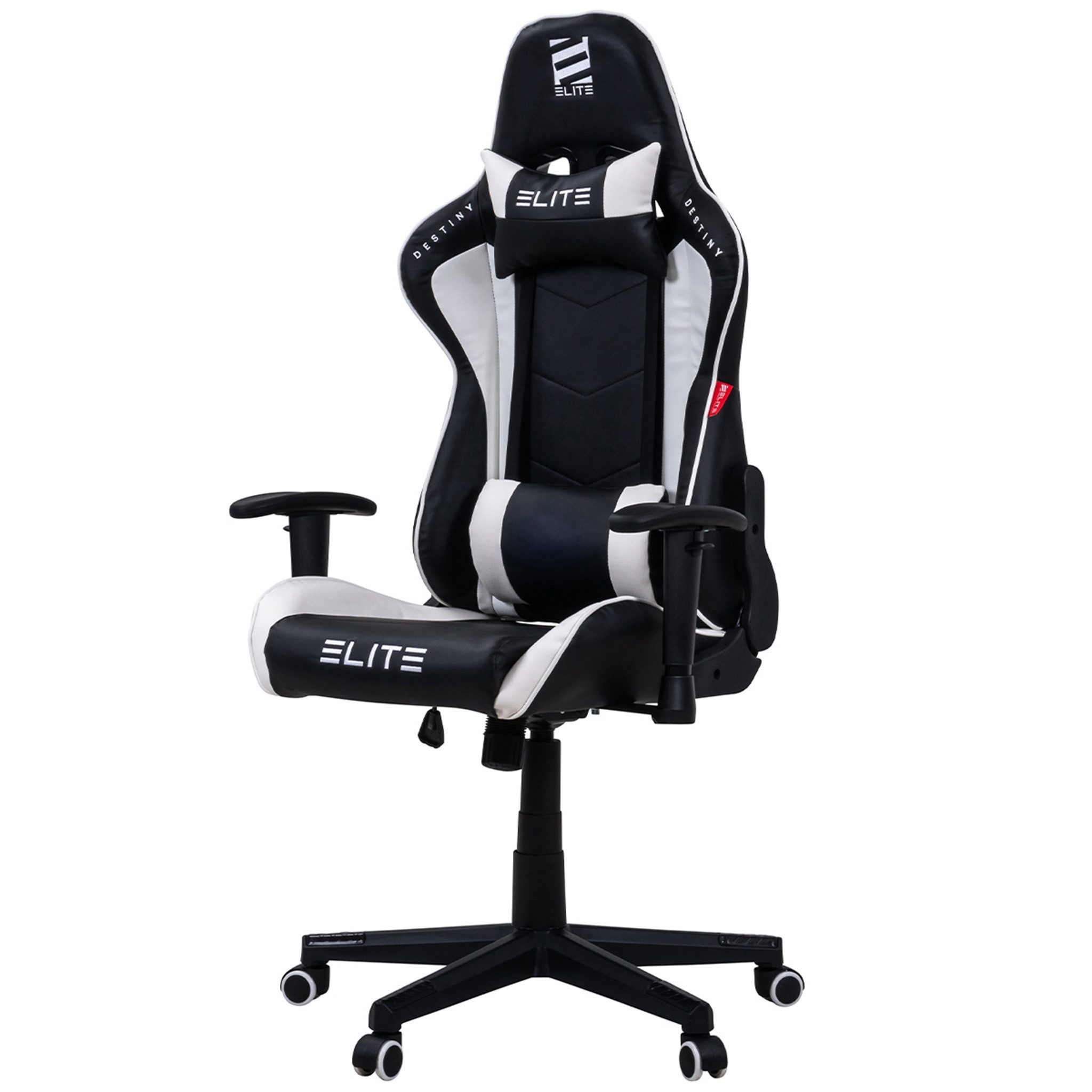 ELITE Gaming Gaming-Stuhl Ergonomischer Bürostuhl Destiny inkl. Rücken- & Nackenkissen (Drehstuhl mit 2D-Armstützen, verriegelbare Wippmechanik, mechanische Härtegradeinstellung, verstellbare Sitzhöhe, 90° klappbare Rückenlehne, Sicherheits-Doppelrollen, 5-Stern Fußkreuz, 360 Grad horizontal drehbar, PVC Memory-Schaum, Sicherheitsgasdruckfeder, Hohe Belastbarkeit bis 150 kg, Chefsessel, Drehsessel, Racing Chair, Gaming Chair, Computerstuhl, Racingstuhl, Pflegeleicht, hochwertige Verarbeitung, Computer Stuhl mit Racing-Design, 1 St), Zockerstuhl - Home Office - Gaming Stuhl - bis 170 kg