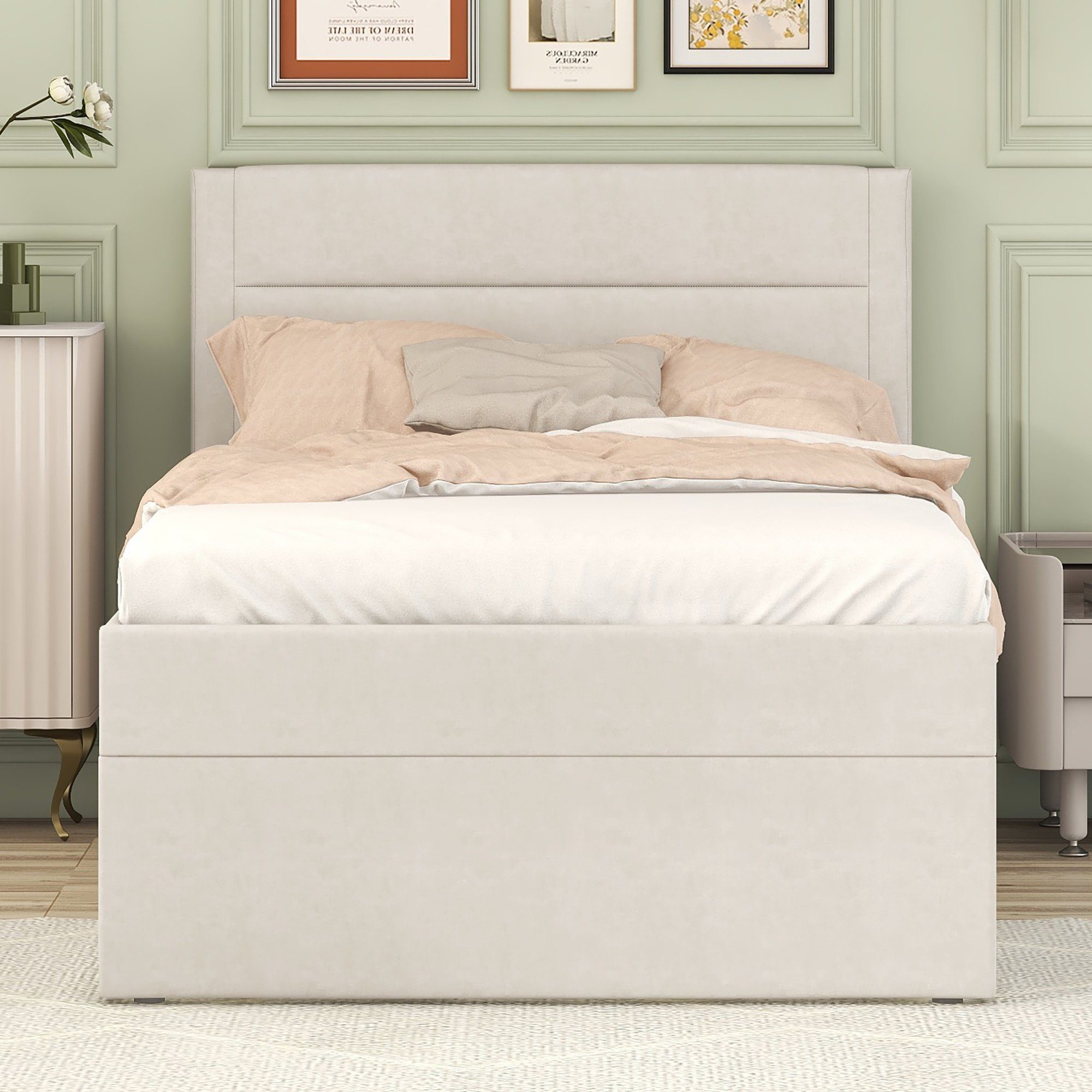 Bett Gästebett Beige Funktionsbett (Großer OKWISH Lattenrost Matratze mit Polsterbett, Einzelbett Metallrahmen, aus Ohne Stauraum),