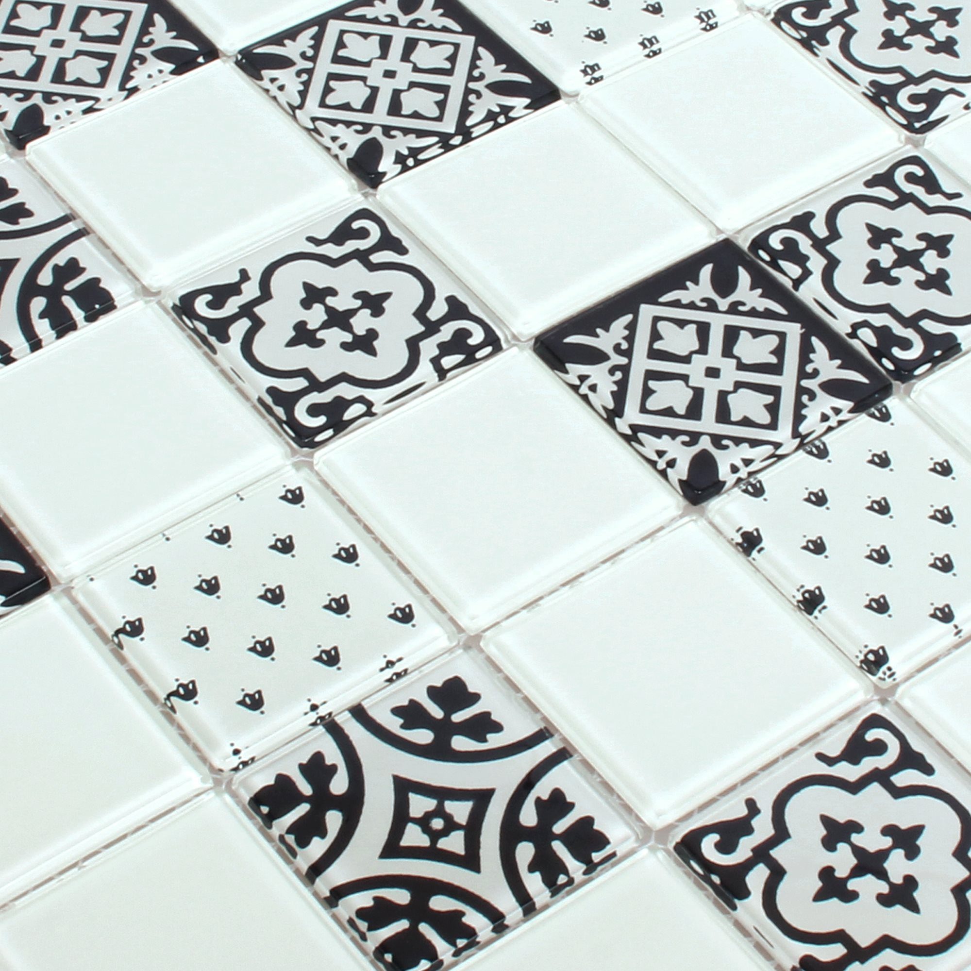 Mosafil Mosaikfliesen Glasmosaik Fliesen Barock Weiß Schmal, Glas 30.000x30.000, weiß-schwarz, Verlegefertig auf ein Netz geklebt - Frostsicher - Wasserfest