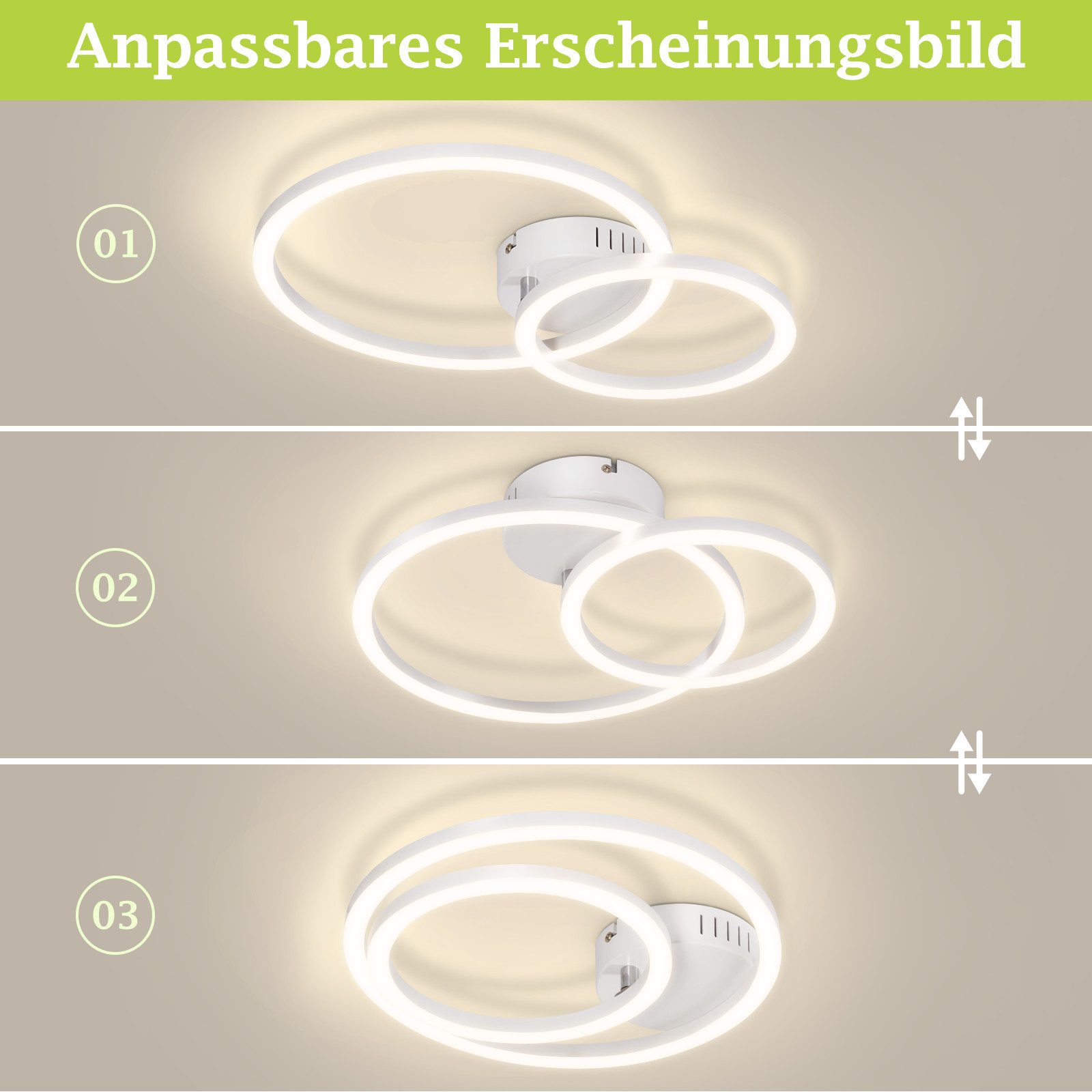 Nettlife LED Deckenleuchte Wohnzimmer 2 Ringe Schwarz/Weiß/Silber Modern 23W Deckenlampe 40.5CM, Nicht dimmbar, LED fest integriert, Warmweiß, für Wohnzimmer Sc – Bild 2 von 5