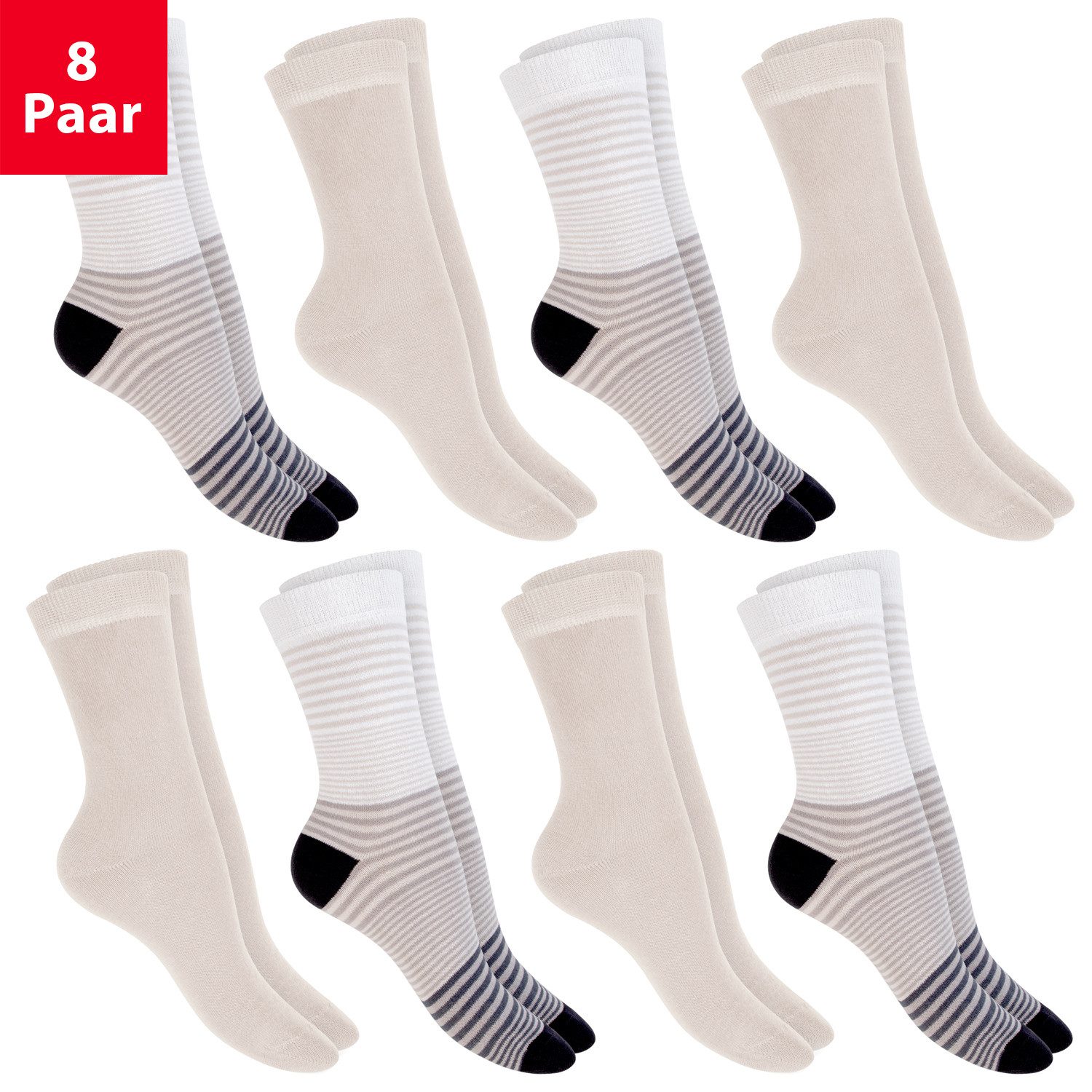 Basicsocken Damen Socken (8 Paar) mit Ringel-/Blockstreifen & Komfortbund