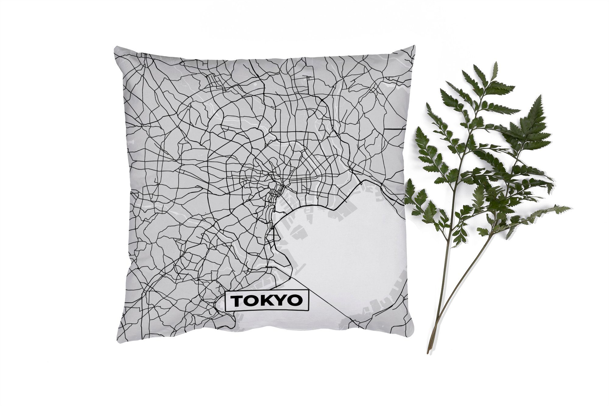 MuchoWow Dekokissen Tokio - Stadtplan - Schwarz und weiß - Karte, Zierkissen mit Füllung für Wohzimmer, Schlafzimmer, Deko, Sofakissen