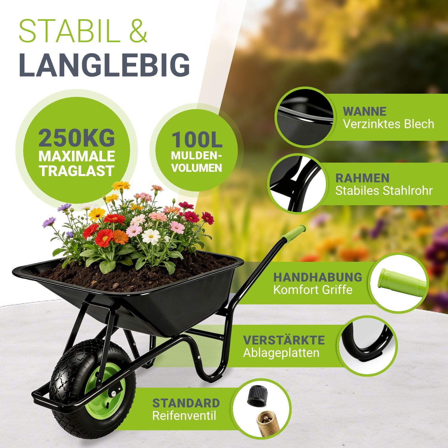 Juskys Schubkarre Garden, 100L, bis 250 kg, Luftreifen, verzinkte Wanne, inkl. Handschuhe