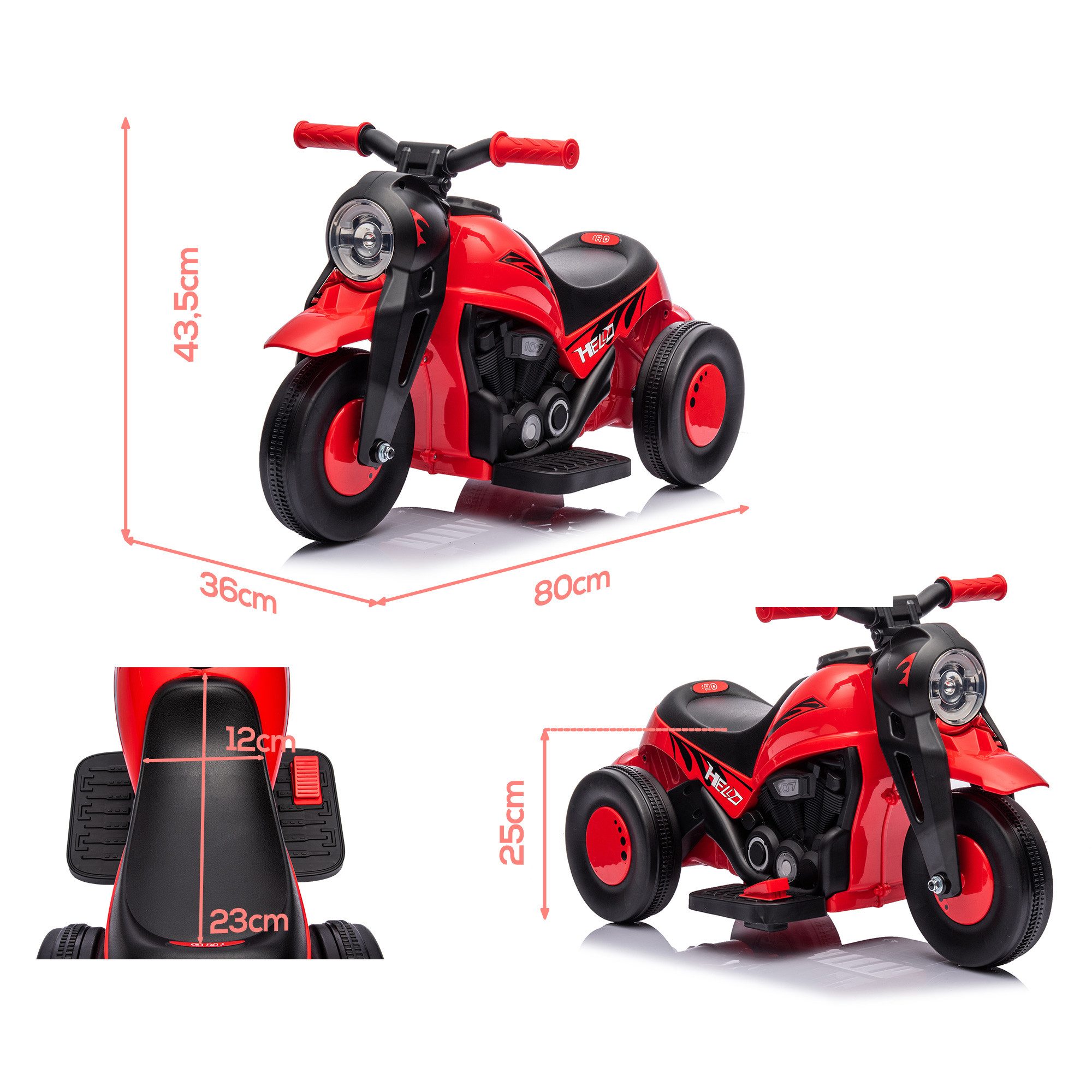 AIYAPLAY Elektro-Kindermotorrad mit Musik, Blasen, Scheinwerfer, Belastbarkeit 30 kg, (1-tlg), mit Vorwärts-, Rückwärtsfunktion, für 2-5 Jahre Kinder, Rot