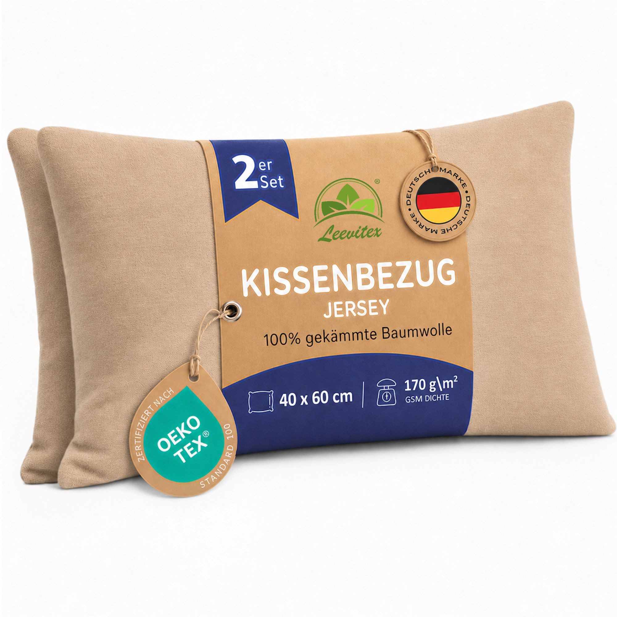 leevitex® Kissenbezüge Kissenbezug 40 x 60 cm, 2er Set, Sand/Cappuccino, (2 Stück), feine Jersey-Qualität, 100% Baumwolle, robuster Reißverschluss