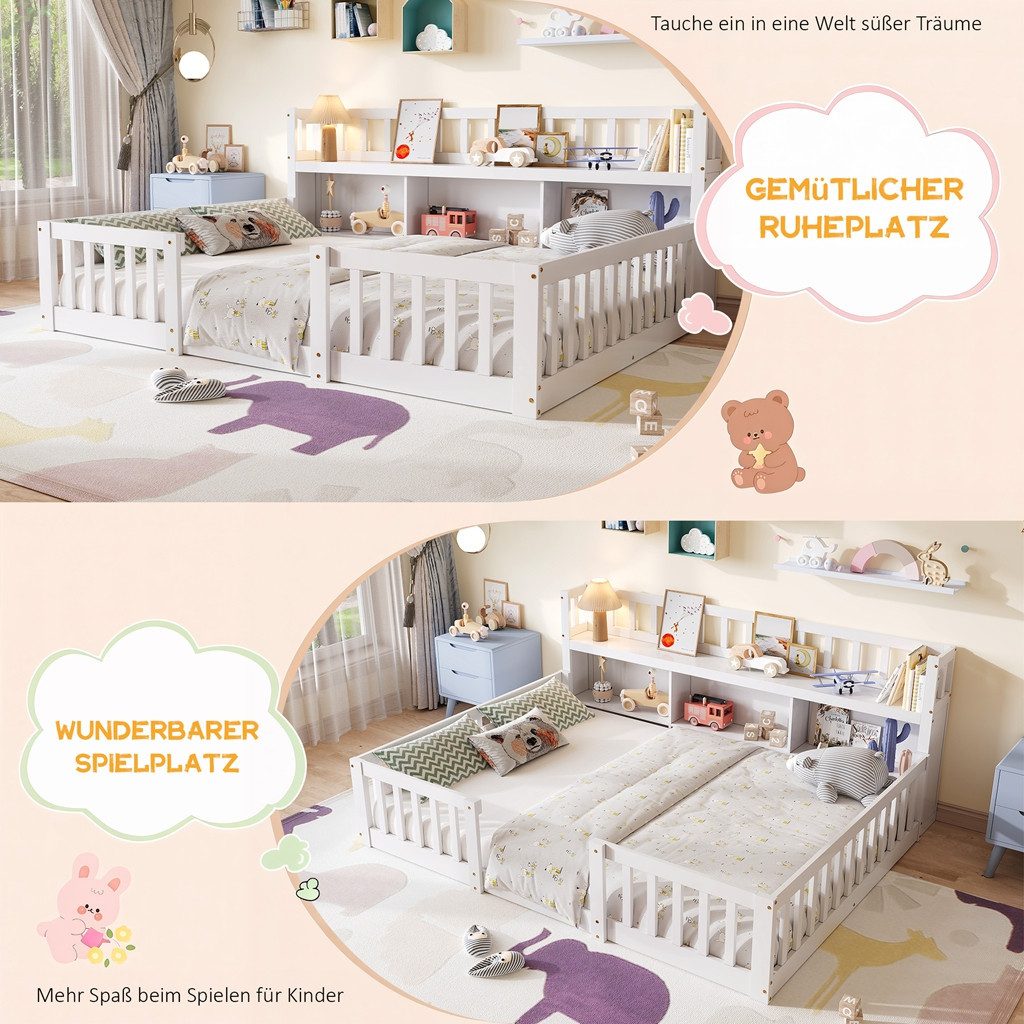 Simurq Kinderbett Bodenbett 140x200 cm, Massivholzbett mit Rausfallschutz & Lattenrost (1-tlg, Montessori Bett 140x200 mit Stauraum), Jugendbett, Bettrahmen aus – Bild 3 von 5