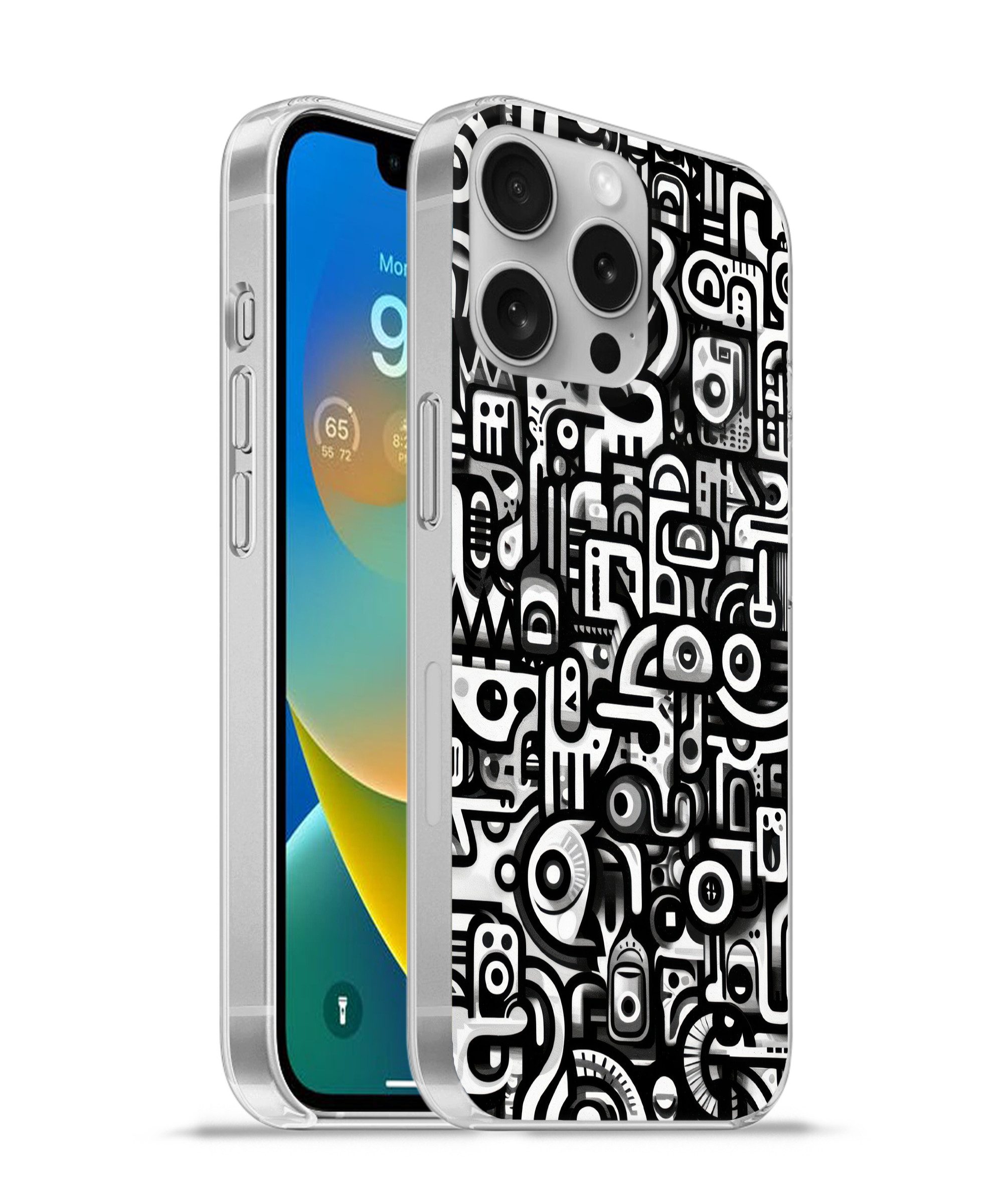 MuchoWow Handyhülle für Apple iPhone 16 Pro Symbole - Abstrakt - Grafik - Schwarz, Smartphone-Bumper, Print, Handy Schutzhülle Dünn