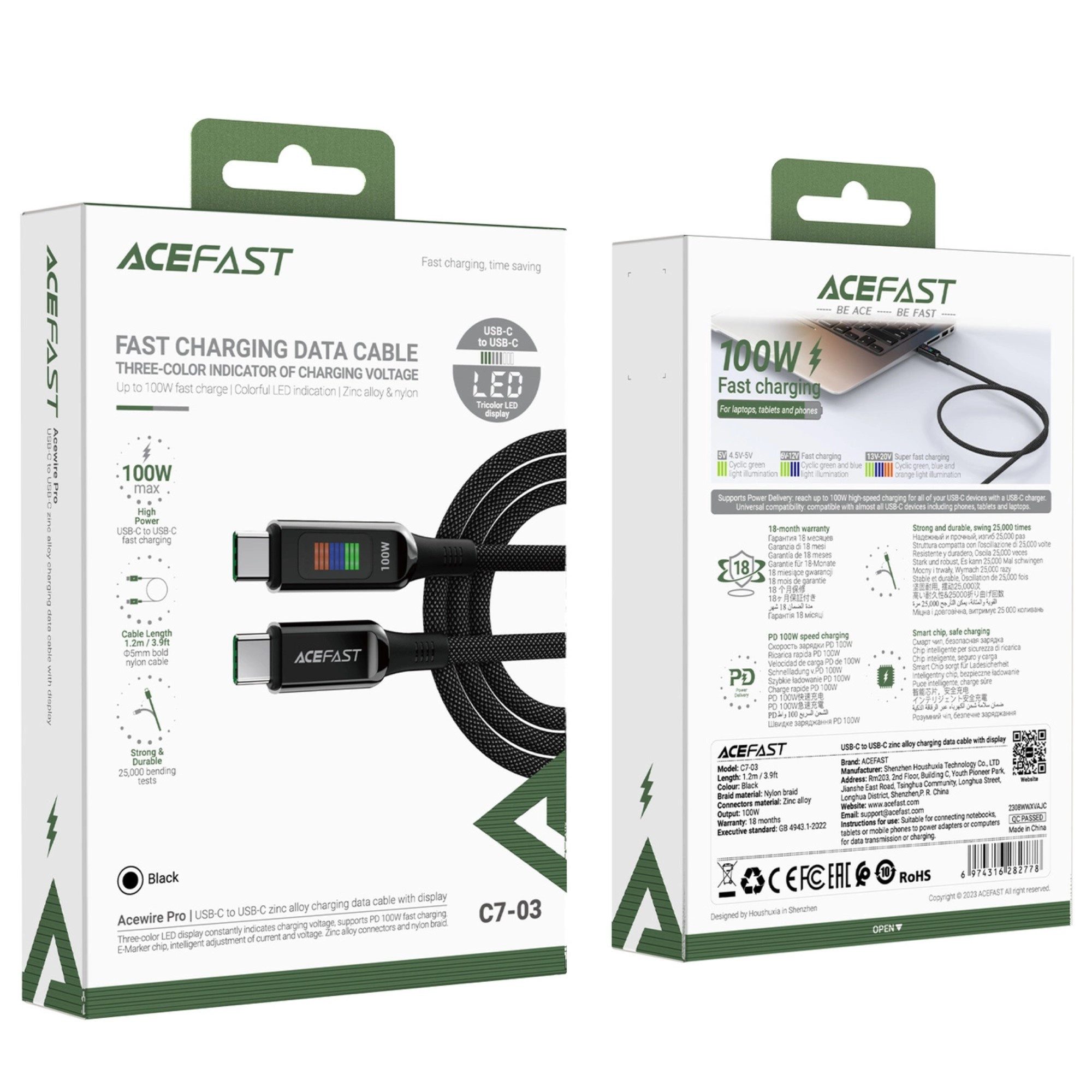 Acefast C7-03 USB-C USB-C 100 W 1,2 m Kabel mit Display – Schwarz USB-Kabel, (120 cm)