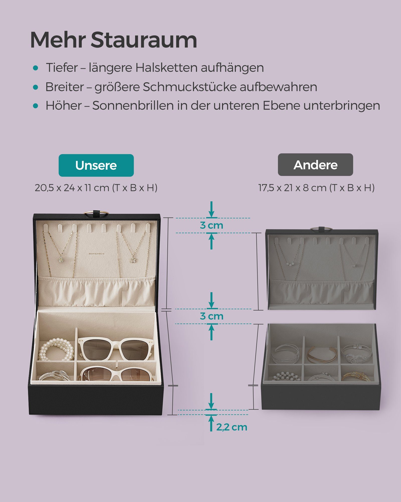 SONGMICS Schmuckkasten Schmuckkästchen Schmuckkasten mit Griff, 2 Ebenen, 23,9 x 20 x 11,2 cm, Geschenkidee, schwebender Effekt, Schmuckbox – Bild 5 von 5