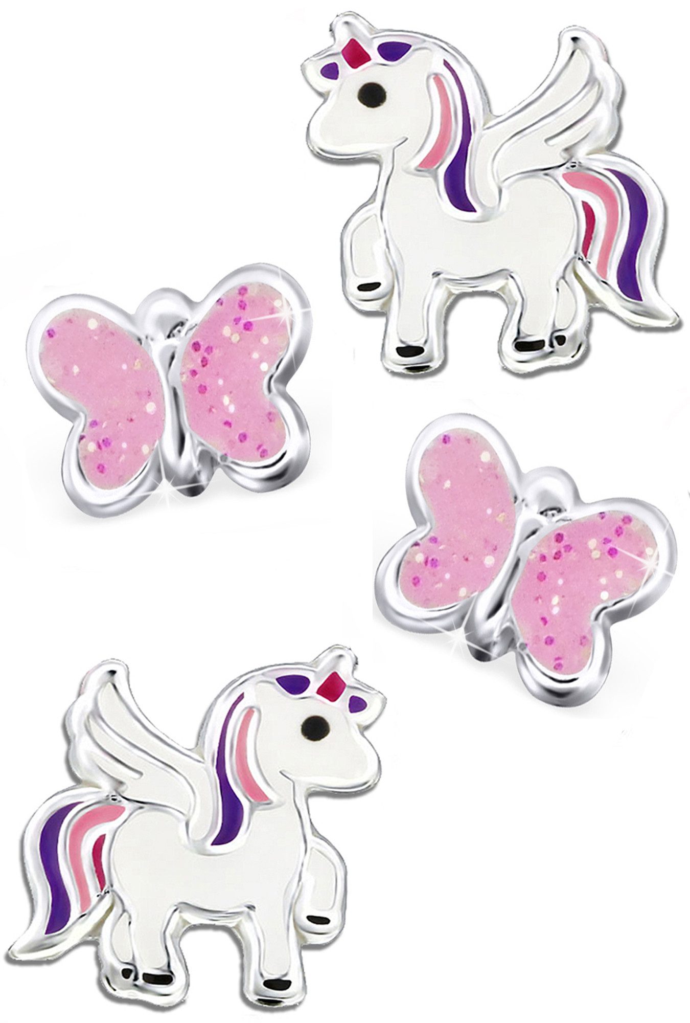 Limana Ohrstecker-Set Kinder Mädchen Ohrringe 925 Silber Pferde Schmetterling Einhorn, Glitzer