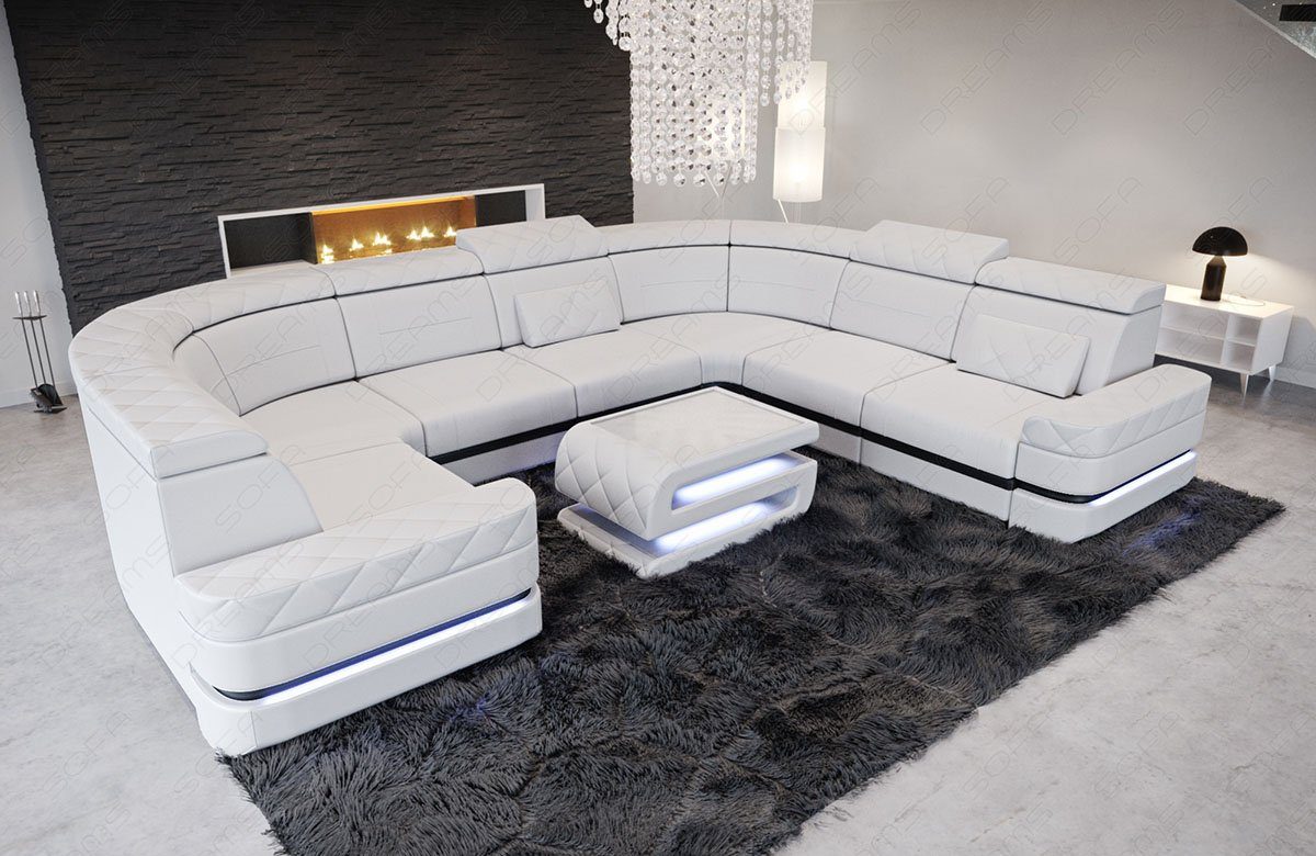 Positano Sofa Ledersofa Sofa Ledercouch, U Designersofa LED, mit Wohnlandschaft Dreams mit Leder Stauraum, Form Couch